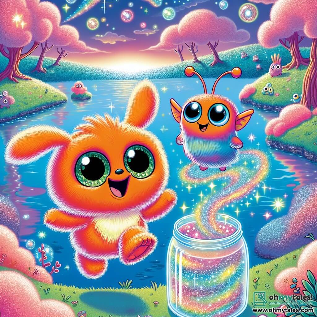 Zippity, a small orange Fluff with sparkling green eyes and shimmering wings, joyfully hops by a sparkling lake on the planet Glimmergale, his face beaming with excitement. Beside him, Bloop, a tall, slender alien with shiny blue skin and large floppy ears, smiles enthusiastically while holding a jar filled with colored water, ready to share their discovery. The setting is a fairy-tale landscape with pink cotton hills and glittering trees, while the lake reflects vibrant colors under the sun. The main scene shows Zippity and Bloop dancing happily by the lake, surrounded by Glimmers swirling around them, creating a spectacle of light and colors.