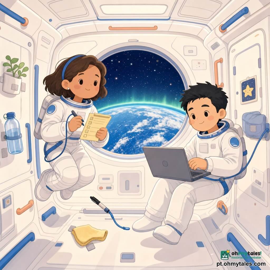 Uma astronauta chamada Lúcia, rosto doce e sorridente, cabelo castanho curto sob uma faixa, flutua serena numa roupa espacial branca com detalhes azuis segurando uma pequena checklist amarela com caneta presa por velcro; à direita, a alguns metros, Jin, cerca de 35 anos, rosto amigável e cabelos pretos, sentado no ar ajustando um portátil cinza; interior do módulo com paredes brancas curvas, hublôs redondos, alças coloridas e compartimentos fechados, janela com estrelas, a Terra azul com nuvens e uma tênue aurora verde no polo; objetos como garrafa de água, caneta e pequena toalha presos por velcro flutuam levemente; cena de preparação noturna, luz suave e quente, atmosfera calma, estilo kawaii minimalista em cores pastéis e formas arredondadas.