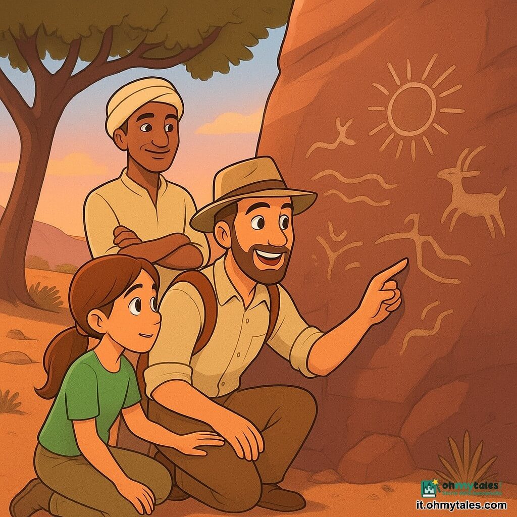 Marco, archeologo sorridente con barba leggera, carnagione chiara e capelli castani corti, camicia beige maniche rimboccate, cappello di tela e zaino in pelle, è inginocchiato davanti a una parete rocciosa incisa indicando un'incisione; Sara, circa 12 anni, entusiasta e concentrata, capelli castani raccolti in coda, maglietta verde e pantaloni kaki, è inginocchiata a sinistra di Marco e tocca delicatamente un petroglifo con il palmo; Ahmed, uomo di circa cinquanta anni, calmo e benevolo, pelle abbronzata e turbante leggero, sta in piedi dietro con le mani incrociate osservando; luogo: valle desertica dai toni ocra e arancio con grande parete rocciosa rossastra decorata da petroglifi di sole, onde e animali, piccole dune, cespugli secchi e un albero ombroso, cielo al tramonto rosa-arancio; situazione: Marco spiega e mostra i disegni antichi a Sara che li interpreta con meraviglia mentre Ahmed veglia, atmosfera contemplativa e luce calda serale.
