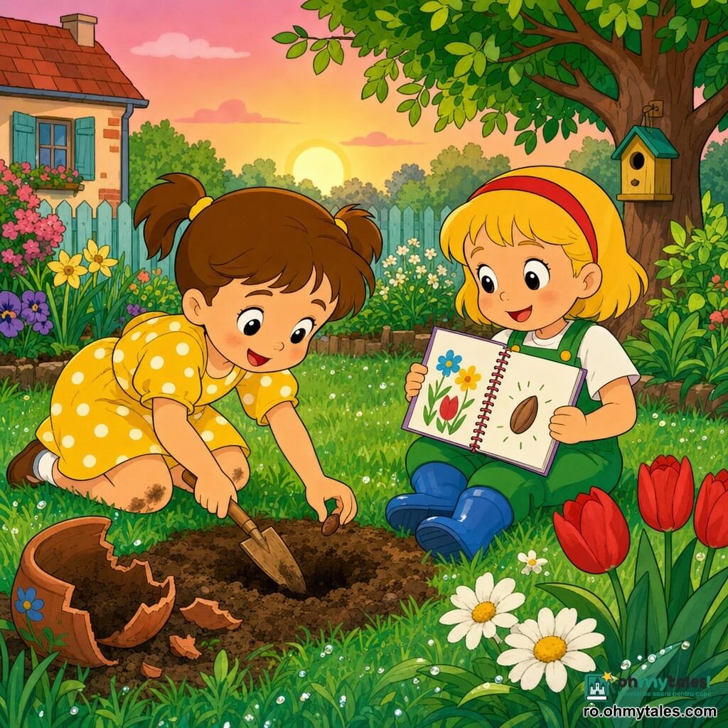 Sunt două fetițe: Ana, 4 ani, păr castaniu în cozi, rochiță galbenă cu buline albe, genunchii ușor murdari, stânga, îngenuncheată pe iarbă, ținând o lopățică de lemn și săpând o groapă pentru o sămânță; Lili, 4 ani, păr blond scurt cu bentiță roșie, salopetă verde și cizme de cauciuc albastre, dreapta, așezată, ținând deschis un caiet colorat cu desene și arătând o pagină cu o sămânță desenată. Loc: o grădină familială dimineața, iarbă verde cu rouă, flori colorate (lalele roșii, margarete albe), un ghiveci de lut crăpat, copac în fundal și cer roz-oranj al zorilor. Situație: fetițele plantează o sămânță împreună, ținând „caietul gesturilor”; scenă luminoasă și blândă, gesturi precise, expresii curioase și zâmbitoare, atmosferă de ajutor reciproc și atitudine ecologică.