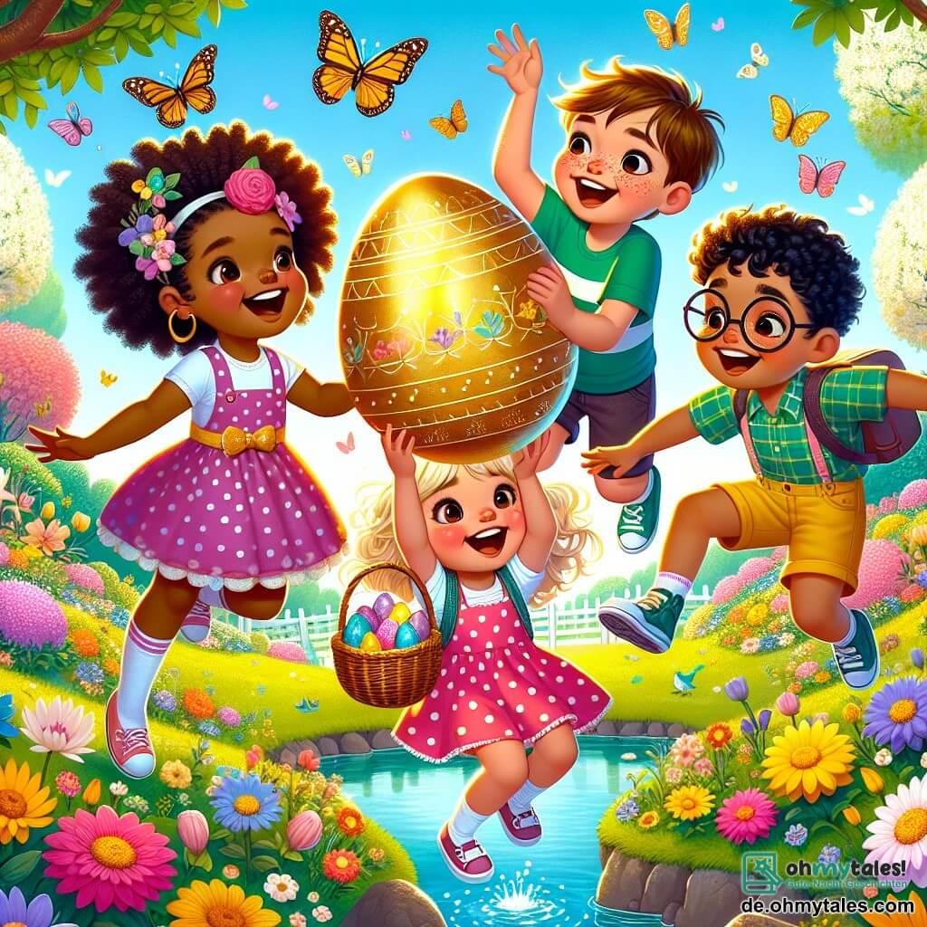 In einem schönen Frühlingsgarten stehen vier Freunde zusammen, umgeben von bunten Blumen. **Mia** ist ein 9-jähriges Mädchen mit lockigem Haar und einem großen Lächeln. Sie trägt ein rosa gepunktetes Kleid und hält ein großes goldenes Ei in den Händen, strahlend vor Freude. **Max**, ein 9-jähriger Junge mit braunem Haar und Sommersprossen, trägt ein grünes T-Shirt und Shorts. Er beugt sich vor, mit weit aufgerissenen Augen der Überraschung, und zeigt auf das goldene Ei. **Lotte**, ein 9-jähriges Mädchen mit geflochtenem blondem Haar, trägt eine blaue Bluse und gelbe Hosen. Sie springt vor Freude mit erhobenen Armen, voller Energie. **Ben**, ein 9-jähriger Junge mit Brille und braunem Haar, trägt ein kariertes Hemd. Er steht etwas im Hintergrund, beobachtet mit einem zufriedenen Lächeln und hat die Hände in den Hosentaschen. Der Garten ist voller leuchtender Blumen, mit schwirrenden Schmetterlingen und einem kleinen Teich, der in der Sonne glitzert. Im Hintergrund spendet ein großer blühender Baum Schatten und Frische. Die Hauptsituation zeigt die Kinder, die gemeinsam das große goldene Ei entdecken, ein Symbol für ihr Osterabenteuer, mit Ausdrücken von Freude und Aufregung auf ihren Gesichtern, die ihre Freundschaft und ihren Erfolg feiern.