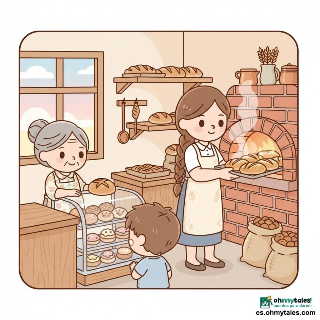 Una panadera sonriente de unos 35 años, cabello castaño en trenza y delantal crema con harina, saca panes dorados y crujientes de un horno de ladrillo con manos grandes y expresión cálida; a la izquierda del mostrador, doña Marta, pequeña de unos 60 años con cabello gris recogido y vestido estampado, tiende la mano por un pan con rostro contento; un niño curioso de 8 años con pelo alborotado y una mancha de harina en la nariz mira la vitrina con asombro; interior de una pequeña panadería al amanecer con horno iluminado, estantes de madera con panes variados, vitrina de cristal, sacos de trigo y utensilios de cobre, ventana con cielo rosa pálido; la escena principal muestra la luz cálida y vapor leve que eleva una atmósfera acogedora y reconfortante.