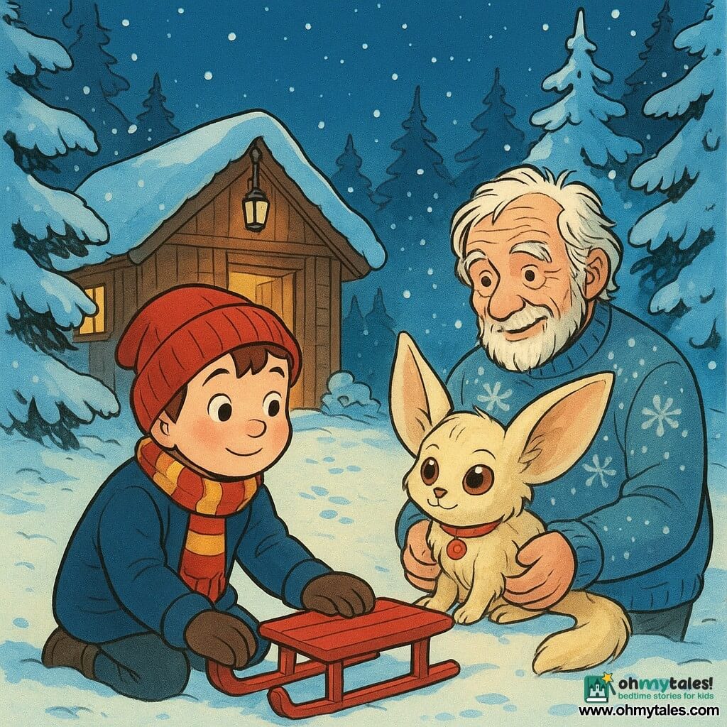 A 6-year-old boy with a round face, rosy cheeks, curious eyes and a brave, awed expression wears a red hat, striped scarf, navy coat and mittens as he gently touches a small red sled in the snow; an approximately 70-year-old man with white, tousled hair and a kindly, wrinkled face in a snowflake sweater holds a small cream-furred, big-eared creature with a red bell at its neck beside a fire visible through an open door; the creature, seated near the sled, looks gratefully at the boy; the scene is a snowy fir-forested clearing with a warm-lit wooden cabin, lantern on a branch, tiny footprints, deep blue sky and falling flakes, conveying a warm Christmas, magical atmosphere, close framing on the three figures with the sled in the foreground.