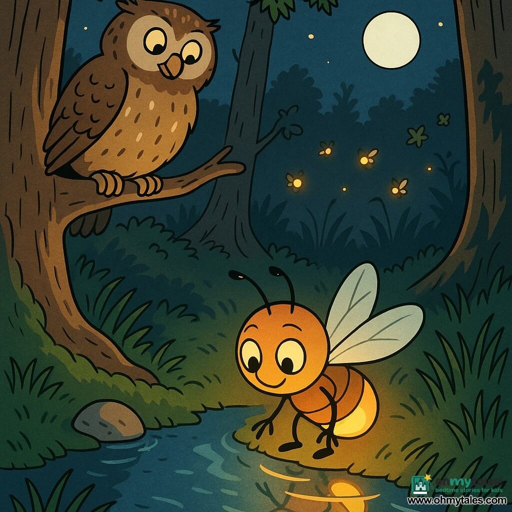 The main character is Flick, a small anthropomorphic firefly—glowing, brave but slightly shy, round-bodied with translucent wings and big bright eyes—her yellow-orange light gently flickering as she hovers above a stream and watches her reflection; the secondary character is Toot, a large fluffy brown owl with white spots, a wise gaze and calm smile, perched on a branch above and to Flick’s left, tilting his head to reassure her; a small stone on the ground reflects Flick’s light and a few smaller fireflies flit in the background; the setting is a nighttime forest clearing with massive tree trunks, thick green moss, tall swaying grasses, a sparkling stream and a silver moon casting soft long shadows; the scene shows Flick learning not to fear the dark as she watches her reflection and Toot comforts her, with friendly tree-shadow silhouettes and a peaceful contrast between Flick’s warm glow and the moon’s cool light.