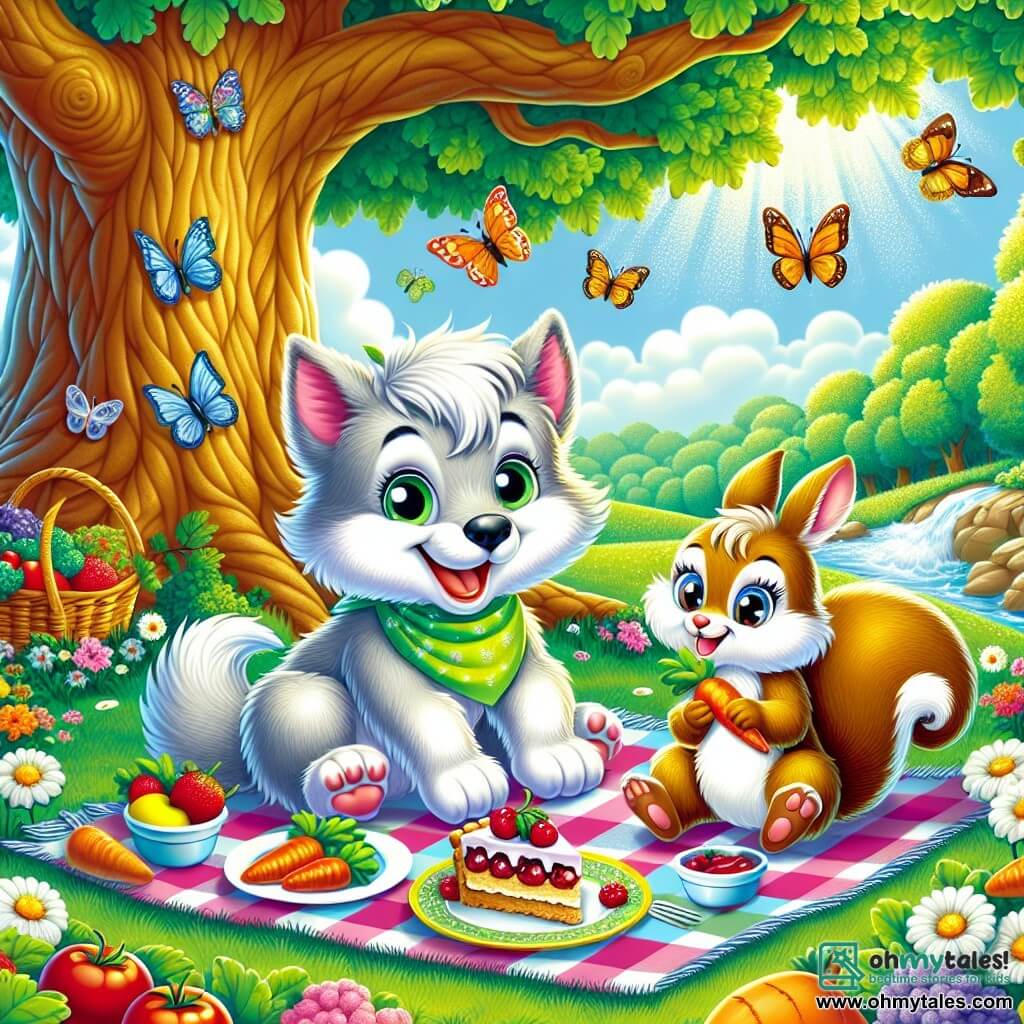 An illustration depicts a young wolf with soft, silver fur and sparkling eyes, sitting on a colorful blanket surrounded by fresh vegetables, smiling broadly in excitement for the picnic. Next to him, a small brown squirrel with bright eyes holds a carrot, bouncing joyfully with a mischievous expression. A happy white rabbit with large ears shares a slice of berry pie, sitting directly across from the young wolf. The main setting is a sunlit green field with colorful flowers swaying in the breeze. A majestic oak tree provides shade, while a sparkling stream nearby adds a touch of magic to the scene. The primary situation shows friends gathered for a joyful picnic, celebrating their garden and friendship, sharing laughter and treats amidst the beauty of nature. Additional graphic elements include plates of colorful vegetables, a tempting berry pie, butterflies fluttering around them, and sunlight filtering through the tree's leaves.