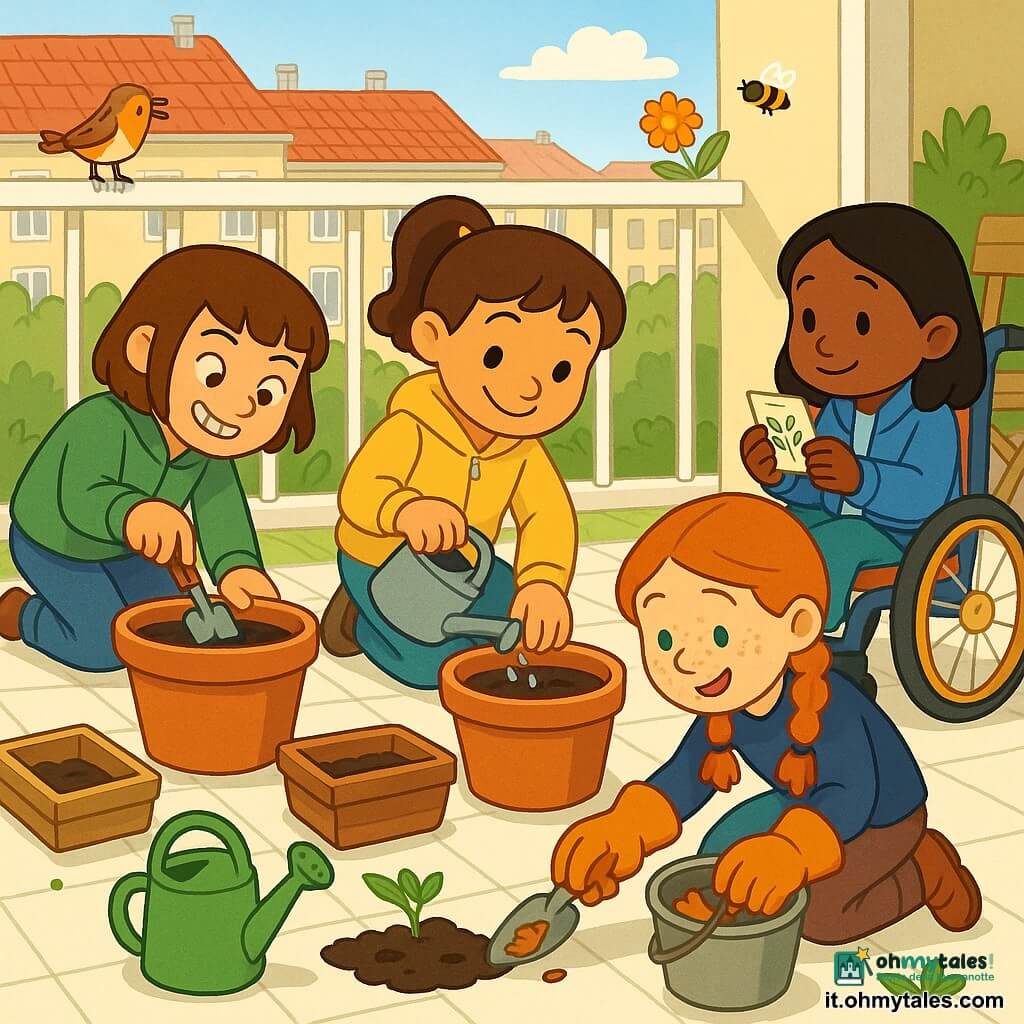 Quattro bambine: Sofia (circa 9 anni, capelli castani raccolti, giacca giallo chiaro) è accovacciata al centro del balcone e versa acqua da un piccolo annaffiatoio su un vaso; Giulia (circa 10 anni, capelli corti con frangia, giacca verde) a sinistra scava la terra con una paletta sorridendo; Lina (circa 9 anni, capelli neri lisci, giacca blu) a destra su una piccola sedia a rotelle tiene un pacchetto di semi prima di piantarli; Marta (circa 8 anni, capelli rossi intrecciati, guanti da giardinaggio troppo grandi) è inginocchiata vicino ai vasi e raccoglie una foglia secca con una paletta per metterla in un secchio. Ambientazione: balcone soleggiato al primo piano con pavimento chiaro, ringhiera bianca, due grandi vasi in terracotta e una fioriera in legno, vista sui tetti rossi e palazzi, una sedia pieghevole, un annaffiatoio verde, un sacco di terra aperto e un compost visibile giù nel giardino. Situazione: le bambine piantano basilico e calendula; si vedono terra scura, piccoli buchi, semi nelle mani, gocce d’acqua e vaporini di freschezza; atmosfera primaverile con luce calda del mattino, nuove foglie verdi, un uccellino sulla ringhiera e un’ape vicino a un fiore.