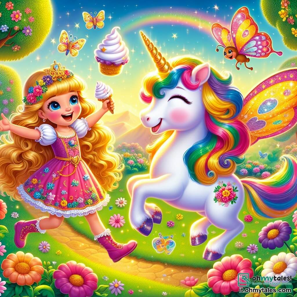 La principessa Lalla, una ragazza di circa 8 anni, ha lunghi capelli dorati e indossa un vestito colorato decorato con fiori. Sorride felice, con le braccia aperte, pronta a divertirsi. Accanto a lei c'è Piumetta, una licornia magica con un manto bianco splendente e una criniera arcobaleno che brilla al sole. Salta gioiosamente con occhi vivaci. Sullo sfondo si estende un giardino incantato, pieno di fiori multicolori e alberi danzanti, illuminato da una dolce luce dorata. Sopra di loro vola Farfallina, una farfalla gigante con ali brillanti e colorate, aggiungendo magia all'atmosfera. La scena principale mostra Lalla e Piumetta mentre gustano panna montata che fluttua intorno a loro, ridendo insieme e creando un'atmosfera gioiosa e ludica.