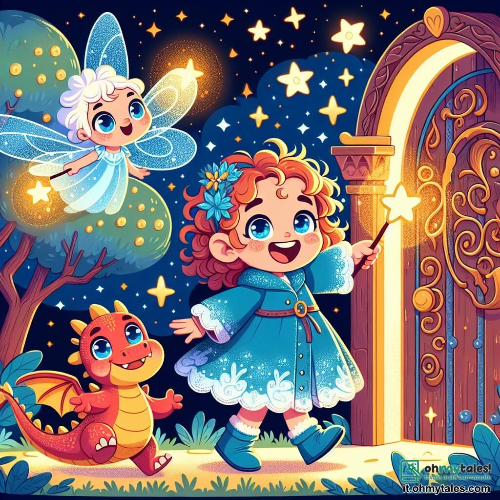 Una bambina di 6 anni, con capelli ricci e un grande sorriso, si trova davanti a una porta in legno intagliato, circondata da luci scintillanti. Indossa un cappotto blu brillante che sembra fluttuare attorno a lei, e i suoi occhi brillano di eccitazione e curiosità. Accanto a lei, un piccolo drago rosso di nome Fiamma, con squame scintillanti e occhi vivaci, vola gioiosamente nell'aria, le ali spiegate, pronto a accompagnarla nell'avventura. Un po' più in là, una fata luminosa di nome Luce, con ali traslucide e un vestito scintillante, alza la sua bacchetta magica per illuminare il cammino, il suo volto radioso di determinazione. Lo scenario è un parco magico, dove gli alberi hanno foglie dorate e le nuvole sembrano dolciumi. Stelle brillano in un cielo crepuscolare, aggiungendo un tocco di mistero all'atmosfera. La scena principale mostra Lella, Fiamma e Luce pronti a varcare la porta magica, uniti nella loro missione di proteggere la barriera tra il mondo umano e quello fantastico, circondati da un'aura di magia e avventura.