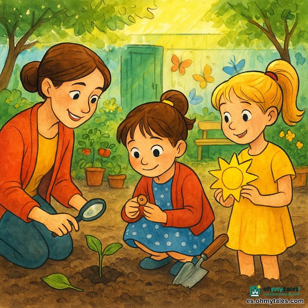 Niña de 6 años, contenta y algo tímida, pelo castaño recogido con un moño amarillo, ojos grandes y brillantes, vestida con un vestido de lunares azules y chaquetita roja, agachada junto a un agujero en la tierra sosteniendo una pequeña semilla redonda entre los dedos y una palita; a su derecha, Lina, también de 6 años, sonriente y confiada, con coleta rubia, ofrece una pegatina en forma de sol; a la izquierda, la maestra Clara, mujer de 30-40 años, cabello castaño claro recogido, arrodillada y mostrando una lupa sobre una hoja mientras guía a las niñas; lugar: pequeño jardín escolar a plena luz del día con puerta verde, valla pintada con mariposas, macetas con tomates y flores y tierra húmeda; escena tierna y luminosa mientras se planta la semilla, ambiente alegre, colores vivos y texturas visibles.