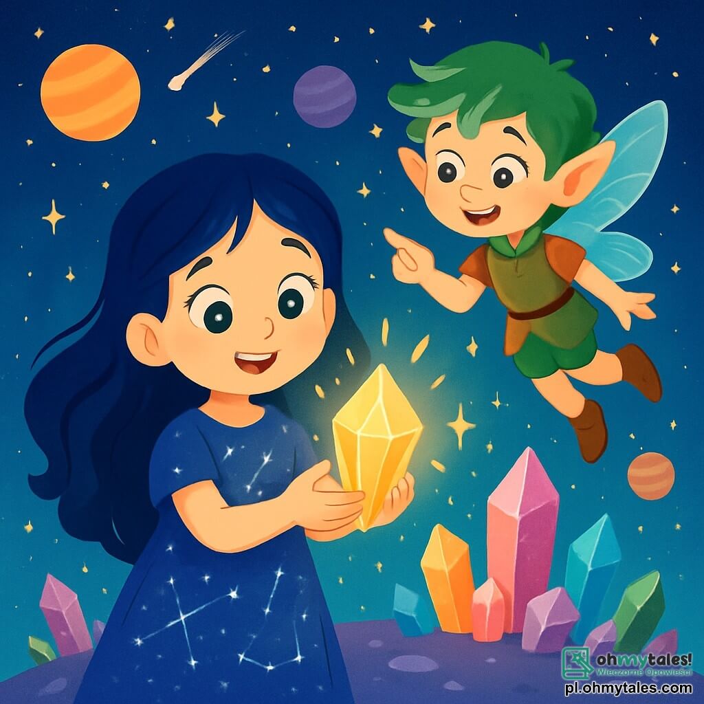 Luna, młoda dziewczyna z długimi, falującymi, nocnoniebieskimi włosami, stoi w centrum obrazu, jej twarz rozświetlona zachwyconym uśmiechem. Jej oczy błyszczą jak gwiazdy, a na sobie ma lekką, błyszczącą sukienkę ozdobioną wzorami konstelacji. Delikatnie trzyma w dłoniach świecący Kryształ Równowagi, emitujący złotawą poświatę. Obok niej unosi się Elfin, mały elf o około 8 latach, z ostrymi uszami i błyszczącymi oczami, lekko unoszący się w powietrzu dzięki przezroczystym skrzydłom. Uśmiecha się entuzjastycznie, wskazując na Kryształ Równowagi, a jego zielone włosy tańczą na wietrze kosmicznym. Tło to magiczna planeta, usiana kolorowymi kryształami, które błyszczą pod gwiaździstym niebem. Pastelowe planety unoszą się w tle, a jasne komety przemierzają niebo. Scena jest skąpana w delikatnym, bajkowym świetle, tworząc atmosferę marzenia. Główna sytuacja pokazuje Lunę i Elfin świętujących odkrycie Kryształu Równowagi, symbolu galaktycznej harmonii, z migoczącymi gwiazdami i błyskami światła wokół nich, przywołującymi magię i przygodę.