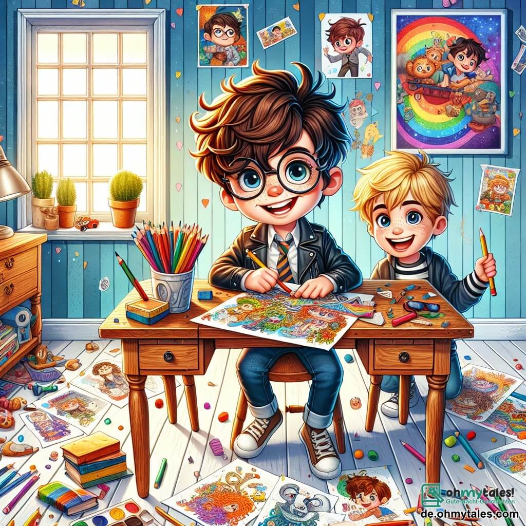 Ein 9-jähriger Junge, Max, mit zerzausten braunen Haaren und leicht schiefen Brillen sitzt an seinem Schreibtisch und lächelt strahlend. Er hält einen bunten Stift in der Hand und betrachtet stolz seine wunderschöne Illustration einer magischen Welt voller fantastischer Kreaturen. Neben ihm ermutigt sein bester Freund Leo, ein 9-jähriger Junge mit blonden Haaren und funkelnden Augen, ihn mit einem breiten Lächeln, während die beiden Freunde von bunten Papierblättern und verstreuten Stiften umgeben sind. Der Ort ist ein warmes Kinderzimmer, dekoriert mit bunten Postern an den Wänden, einem großen Holztisch und unordentlichen Spielzeugen auf dem Boden, was eine kreative und fröhliche Atmosphäre schafft. Die Hauptsituation zeigt Max, der voller Selbstvertrauen seine Lieblingsabenteuer zeichnet, während Leo ihn anfeuert, was das Thema Selbstvertrauen und Freundschaft verdeutlicht.