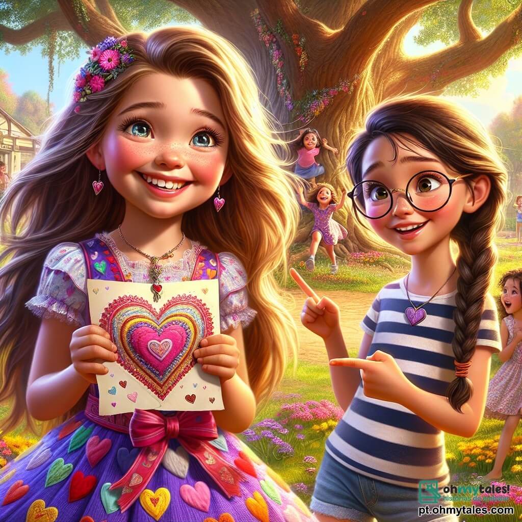Uma menina de 10 anos, Sofia, com longos cabelos castanhos e olhos brilhantes, está no centro da imagem, com um grande sorriso iluminando seu rosto. Ela usa um vestido colorido decorado com corações e segura um coração de papel nas mãos, mostrando sua empolgação e curiosidade. Ao lado dela, sua melhor amiga Clara, também de 10 anos, com cabelos loiros trançados e óculos redondos, olha para Sofia com um sorriso cúmplice. Clara veste uma camiseta listrada e um short, e aponta para um grande árvore ao lado delas, como se tivesse acabado de ter uma ideia brilhante. O cenário é um parque ensolarado, cheio de flores coloridas e crianças brincando ao fundo. Um grande carvalho majestoso se ergue à esquerda, suas ramificações oferecendo sombra, enquanto um grupo de crianças se diverte perto de um balanço. A situação principal mostra Sofia e Clara, cheias de entusiasmo, descobrindo uma carta misteriosa pendurada em um galho da árvore, simbolizando o início de sua aventura para encontrar o amigo secreto de Sofia.