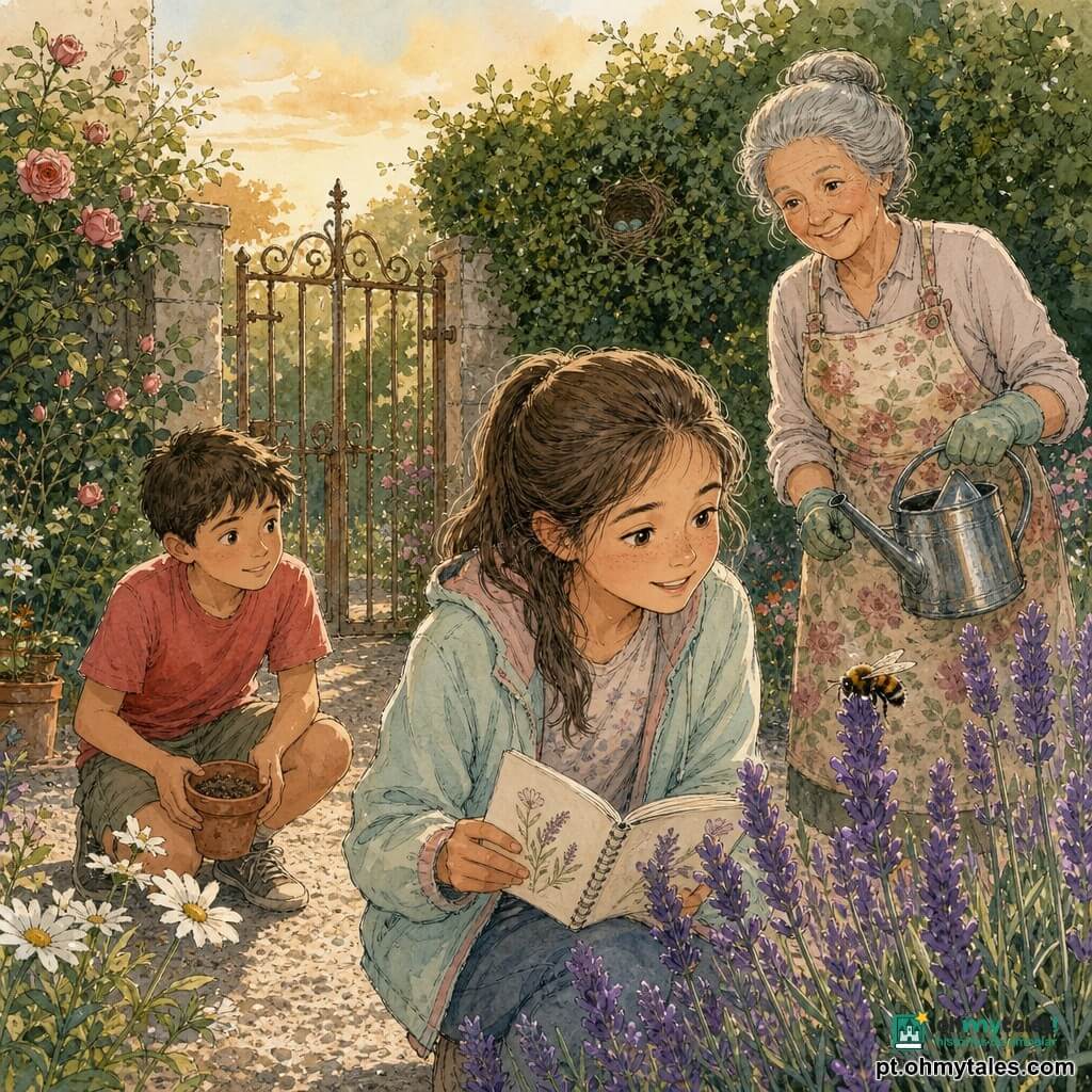 Inês, menina de 12 anos, sorridente e maravilhada, cabelo castanho em rabo, veste leve em tons pastel, segura um pequeno caderno de desenho aberto e observa uma abelha pousada numa flor de lavanda a poucos centímetros; Dona Celeste, mulher de cerca de 70 anos, cabelo grisalho preso em coque, com avental floral e luvas de jardinagem, está ligeiramente atrás à direita, sorrindo e segurando um regador metálico; Tiago, menino de ~10 anos de cabelo curto e camiseta colorida, está agachado à esquerda com um vasinho de terra, olhando curioso para Inês; o jardim é um espaço fechado com portão de ferro forjado enferrujado, caminhos de cascalho claro, canteiros de lavanda, margaridas e rosas, e uma sebe densa com um ninho visível; cena calma de fim de tarde, luz suave, sombras longas, paleta pastel, traço de tinta fino e lavados coloridos.