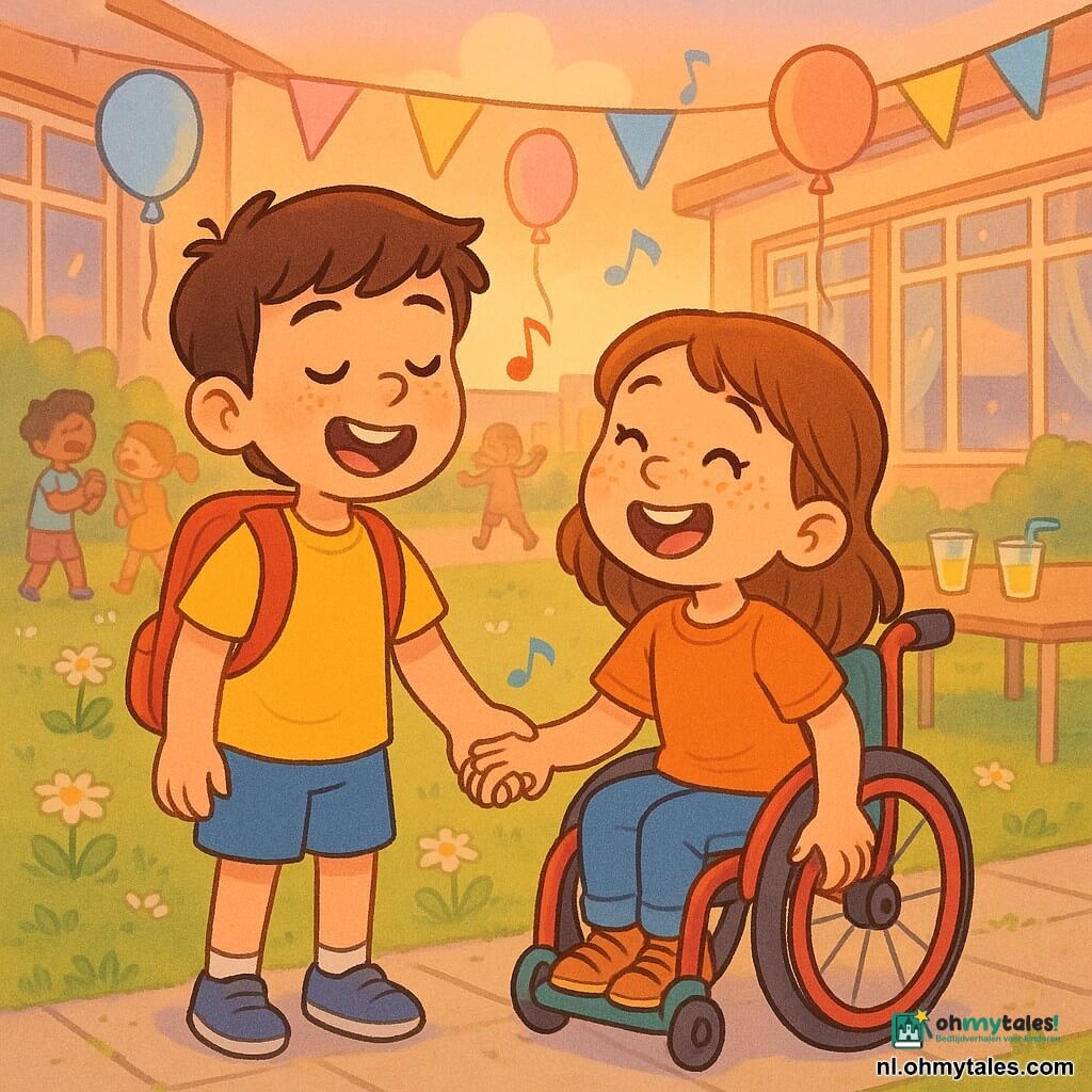 Twee kinderen: Finn, jongen 6 jaar, donkerbruin haar, brede glimlach, lichte sproeten, geel T‑shirt en blauwe short, links staand, houdt Noors hand en zingt; Noor, meisje 6 jaar, kastanjebruin haar, veel kleine sproeten, stralende ogen, zit rechts in een kleurrijke rolstoel (rood met groen kussen), zingt mee, hand op de wielrand en de andere in Finns hand. Locatie: schoolplein bij zachte schemer, groen gazon met madeliefjes, lichte tegels, lage tafels met limonade, pastelkleurige slingers en ballonnen (roze, blauw, geel), schoolgebouwen met grote ramen en witte gordijnen, oranje lucht en lange warme schaduwen. Situatie: feestelijke sfeer — Finn en Noor zingen en wiegen samen in het midden van het plein, stemmen verenigen zich, omstanders lachen, vage spelende kinderen op de achtergrond, zachte aquarelsfeer met eenvoudige, afgeronde vormen en verzadigde pasteltinten.