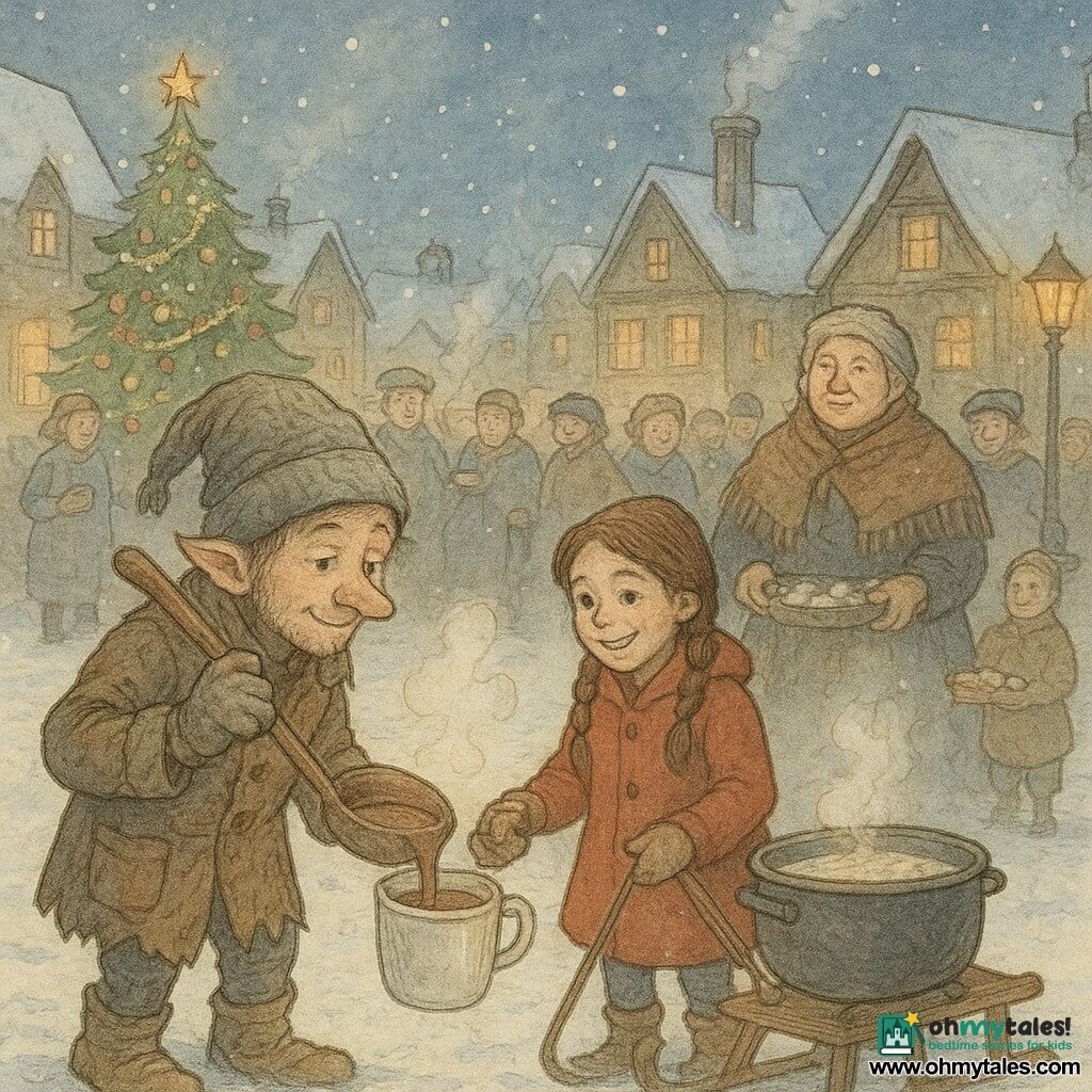 Main character: a small being named Tinselwick, an urban elf living among chimneys, gentle focused expression, mischievous sparkling eyes, worn wool cap, mittens-stitched boots, shabby but clean coat; he holds a large wooden ladle and pours hot chocolate into a cup, slightly leaning forward. Secondary: Nessa, about 10, braided hair, bright red jacket, warm smile and proud look, pulling a sled with a large pot of boiling milk to Tinselwick’s right. Secondary: Mrs. Thistledown, a sturdy old woman with a fringed shawl and calloused hands, gruff but kind, setting a huge cast-iron pot on a tripod behind them. Optional: Mrs. Bramble, the baker, round with a flour-dusted apron, offering a box of marshmallows near a stall in the background. Location: village square on a winter night, fresh snow on the ground, wrought-iron lampposts casting warm yellow light, a large decorated Christmas tree, wooden houses with snowy roofs and smoking chimneys. Main situation: communal cozy scene—hot chocolate being served into varied cups, white steam rising in curls, smiling villagers gathered and warming themselves, falling snowflakes, composition centered on the pot and main characters, warm color palette contrasted with the cold blue of night.