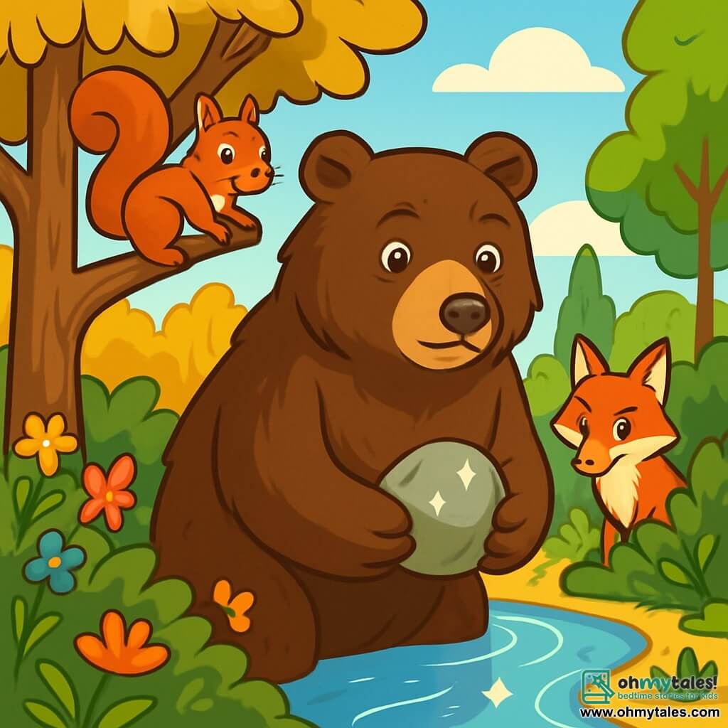 A majestic bear with dark brown fur and gentle eyes stands by a shimmering river, its expression full of determination and wisdom. Beside it, a small squirrel with sparkling eyes and a bushy tail climbs a branch, closely watching the bear. A cunning fox, with bright orange fur and a bushy tail, sneaks through the bushes, ready to help. In the background, a lush forest stretches out, with trees bearing golden leaves and colorful flowers, while a clear blue sky brightens the scene. The bear, surrounded by its friends, prepares to restore the flow of the river, holding a shining stone in its paws, a symbol of their heroic quest.