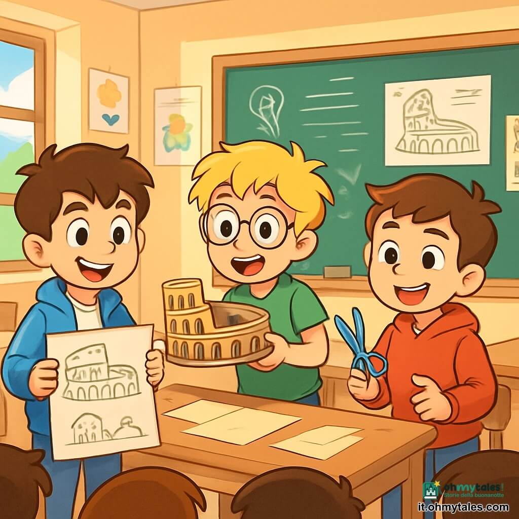 Ci sono 3 personaggi: - Luca: un ragazzo di 10 anni, con capelli castani e occhi vivaci. Indossa una nuova giacca blu e un grande sorriso. È a sinistra, tiene un cartone con i disegni del loro progetto. - Marco: un ragazzo di 10 anni, con occhiali tondi e capelli biondi arruffati. Indossa una maglietta verde e sta mostrando un modello in miniatura del Colosseo. Si trova al centro, leggermente inclinato in avanti con entusiasmo. - Tommaso: un ragazzo di 10 anni, con capelli castani e un viso felice. Indossa un felpa rossa e tiene delle forbici in una mano. È a destra, pronto ad aiutare i suoi amici a finalizzare il progetto. La scena si svolge in un'aula luminosa e colorata, con muri decorati da disegni di bambini e poster educativi. I banchi di legno sono disposti in cerchio e al centro, una grande lavagna nera è piena di note e schizzi. La luce del sole entra dalle finestre, illuminando lo spazio. I tre amici stanno presentando il loro progetto sul Colosseo ai compagni di classe. Sono entusiasti e sorridenti, condividendo il loro lavoro con orgoglio, mentre i compagni li ascoltano attentamente, catturati dalla loro presentazione.