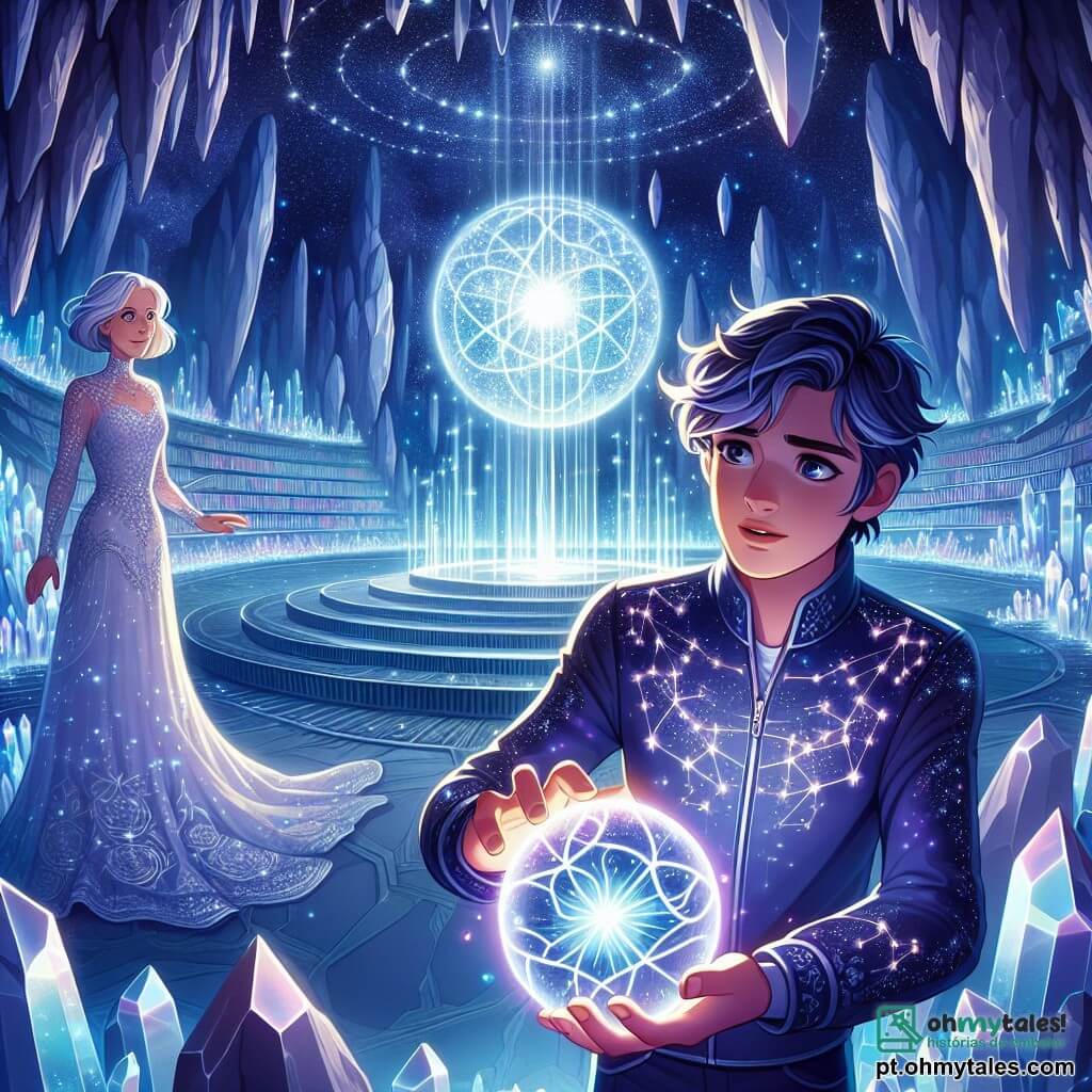 Au centre da imagem, Zephyr, um jovem com cabelos cor de crepúsculo e olhos brilhantes como estrelas, está com um olhar determinado e maravilhado. Ele veste um traje espacial brilhante decorado com padrões de constelações e estende a mão em direção a um Orbe do Infinito luminoso que flutua diante dele, pulsando com energia mágica. À sua direita, Lyra, uma mulher de cerca de 60 anos, com cabelos prateados e um vestido fluido que brilha como cristal, observa com um sorriso benevolente. Ela está perto de uma grande biblioteca de cristal, cercada por livros flutuantes que brilham com uma luz suave. O cenário é uma caverna escondida dentro de um asteroide, com paredes de cristal cintilante em tons de azul e roxo, iluminadas por estrelas que brilham do lado de fora. Fios de luz dançam ao redor das paredes, criando uma atmosfera mágica e encantadora. A situação principal mostra Zephyr, maravilhado, prestes a tocar o Orbe do Infinito, enquanto Lyra o encoraja, criando um momento de tensão e excitação nesta aventura espacial.