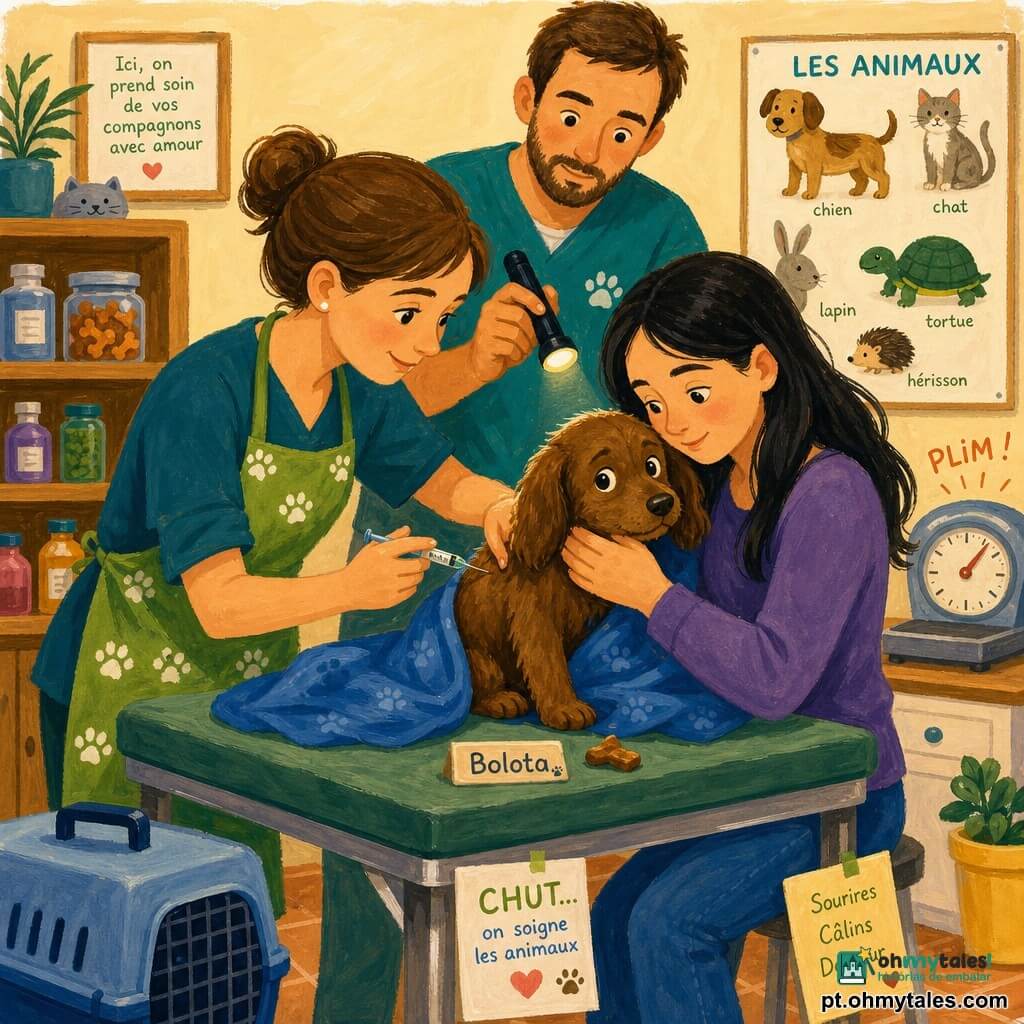 Uma veterinária de ~35 anos, cabelo castanho preso em coque, usando um pequeno avental verde com patas, rosto suave e sorriso tranquilizador, faz uma injeção rápida e carinhosa em um cãozinho marron chamado Bolota; Joana, auxiliar de ~22 anos, cabelo preto solto, segura o cão como num abraço, sentada ao lado da mesa; Tiago, tratador de ~30 anos, pele clara e barba curta, está em pé atrás da mesa iluminando a orelha do cão com uma lanterna; Bolota é um macho pequeno de orelhas caídas, olhos arredondados e ainda um pouco assustados, coberto por uma mantinha azul sobre a mesa; a sala é uma pequena clínica veterinária clara com paredes creme, prateleira de madeira com frascos, pôster educativo, balança metálica e uma caixa de transporte azul no chão; cena calorosa e precisa, luz suave, gestos calmos, cores quentes e textura de guache visível.