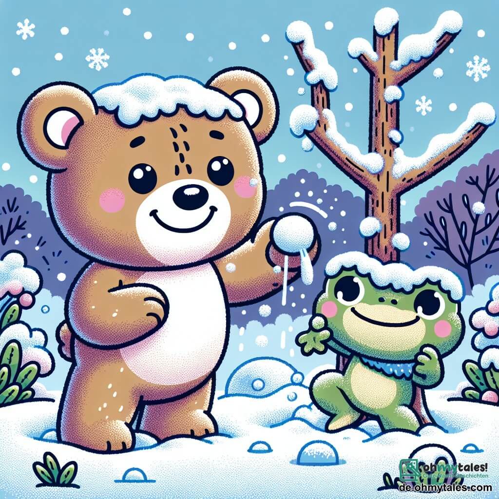 Ein Teddybär namens Bruno, mit braunem, weichem Fell und einem breiten Lächeln, steht inmitten eines verschneiten Gartens. Er schüttelt den Schnee von einem Baum, seine Augen funkeln vor Freude und Aufregung. Neben ihm springt ein kleiner grüner Frosch namens Felix mit großen runden Augen und einem schelmischen Lächeln im Schnee und lacht. Der Garten ist mit einem dicken Mantel aus glitzerndem Schnee bedeckt, die Bäume sind mit Schneeflocken beladen, und die Büsche sind unter großen Blättern verborgen. Die Szene strahlt Glück und Kameradschaft aus, während Bruno und Felix ihren Garten für den Winter vorbereiten, umgeben von sanft fallenden Schneeflocken.