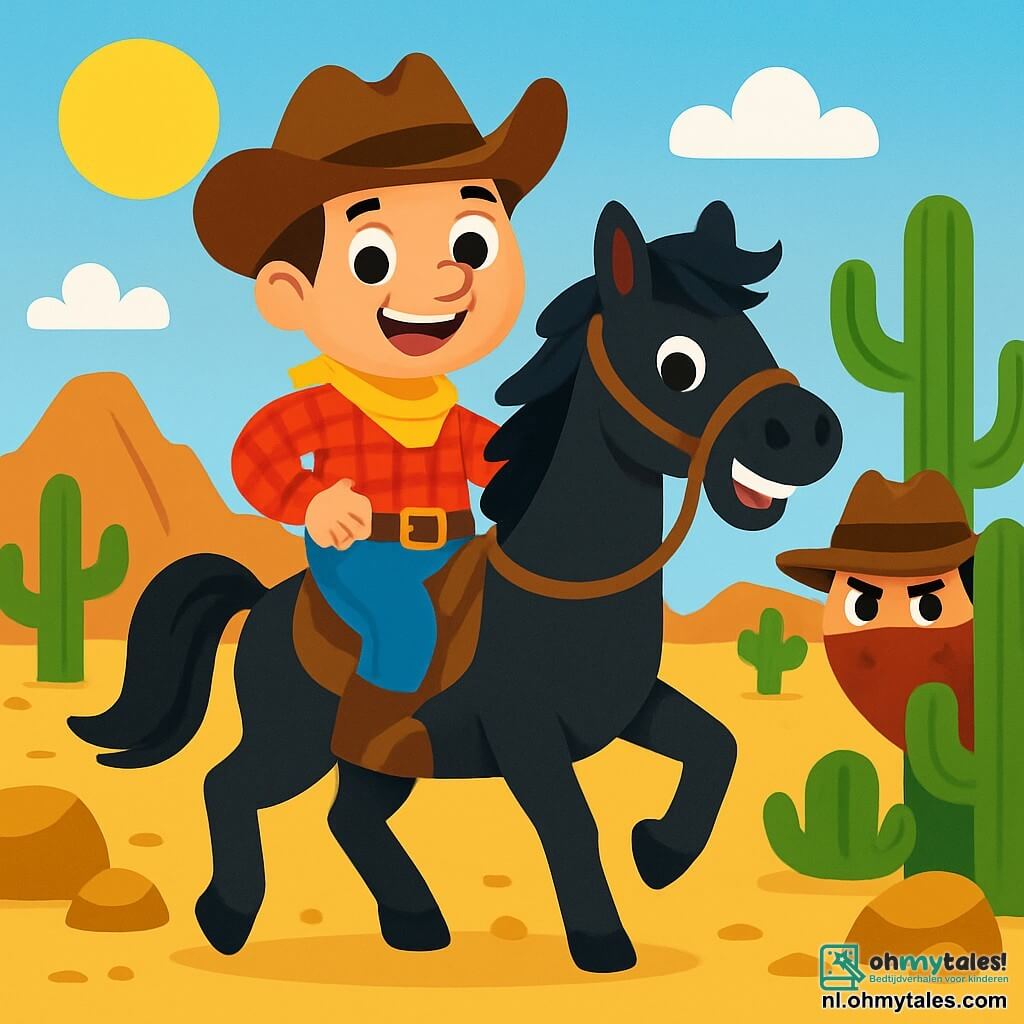 Cowboy Sam, een man met een stralende glimlach en sprankelende ogen, draagt een bruine cowboyhoed en een rood geruite overhemd. Hij klimt op zijn paard, Bliksem, een prachtig zwart paard met een glanzende manen, in een woestijnlandschap. Bliksem, Sams paard, hinnikt vrolijk, zijn hoeven slaan op de stoffige grond. Het decor is een uitgestrekte woestijn vol groene cactussen en gouden rotsen onder een stralende blauwe lucht, met verre bergen aan de horizon. Sam, vastberaden en enthousiast, bereidt zich voor om op zoek te gaan naar de Gouden Hoed, terwijl sluwe bandieten zich achter een cactus verstoppen, klaar om de schat te stelen.