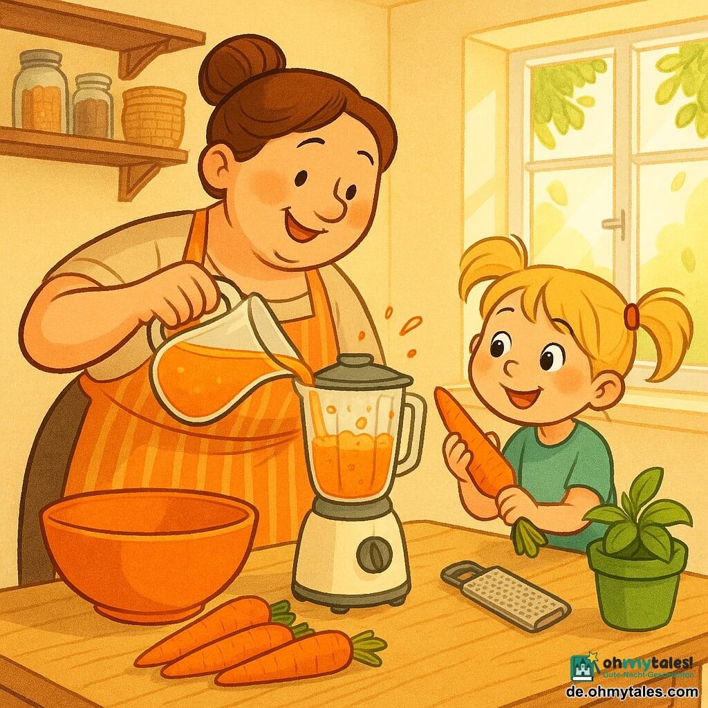 Die Protagonistin ist Tante Amélie, eine rundgesichtige lächelnde Frau mit glänzenden Augen und kastanienbraunem Haar zu einem Dutt gebunden, konzentriert und fröhlich in einem orange gestreiften Schürzen, wie sie Orangensaft in einen Mixer gießt; daneben steht das etwa 6–7-jährige Mädchen Lina mit blonden Zöpfen auf einem kleinen Tritt, neugierig eine glänzende Karotte waschend und helfend. Auf dem hellen Holztisch liegen eine große orange Schüssel, leuchtende Karotten, ein kleines Topf Basilikum und ein glänzender Zestenreißer. Die helle Küche mit blassgelben Wänden, Holzregalen mit Glasgefäßen und Korb, ein offenes Fenster lässt Blätter und Sonnenstrahlen herein. Szene: die Frau bereitet ein sommerliches Püree, der cremige Mixer spritzt leicht, das Mädchen schaut bewundernd zu. Farbpalette: warme Orange-, frische Grün- und Holz­töne mit weißen Akzenten. Grafikstil: weiche Linien, feine schwarze Konturen, einfache expressive Texturen, warme einladende Atmosphäre.