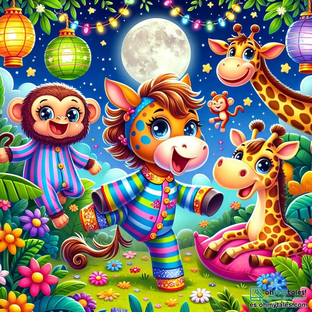 Un caballo llamado Coco, con una hermosa melena despeinada y ojos brillantes de curiosidad, salta de alegría en el centro de la escena, llevando un pijama a rayas de colores vivos. A su derecha, el mono Bobo, con pelaje marrón y una gran sonrisa, lleva un pijama con estampado de plátanos y hace muecas divertidas. A su izquierda, la gran jirafa Lila, con su largo cuello manchado y gafas de noche, sostiene un cojín suave, lista para sentarse. Al fondo, un elefante llamado Titi, con orejas grandes y un pijama a rayas, se ríe a carcajadas mientras sostiene guirnaldas coloridas. La escena tiene lugar en una jungla exuberante, llena de plantas verdes, flores brillantes y farolitos centelleantes colgados de los árboles. Los animales se divierten juntos, listos para pasar una noche de risas y juegos bajo la suave luz de la luna.