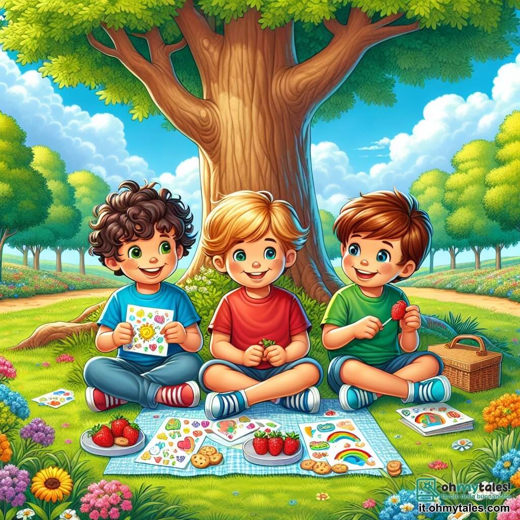 Tre ragazzi, Leo (8 anni, capelli castani e ricci, con una maglietta blu), Marco (7 anni, capelli biondi e lisci, con una maglietta rossa) e Tommaso (6 anni, capelli castano chiaro e ricci, con una maglietta verde), sono seduti sotto un grande albero in un parco soleggiato. Leo è a sinistra, tiene in mano una carta colorata, Marco è al centro, sorride con delle fragole in mano, e Tommaso è a destra, tiene dei biscotti e guarda i suoi amici con entusiasmo. Il parco è vasto, pieno di fiori dai colori vivaci, grandi alberi verdi e un prato ben curato. Il cielo è blu intenso, punteggiato da alcune nuvole bianche e soffici. I ragazzi stanno preparando una sorpresa per la festa della mamma, decorando biglietti fatti a mano e organizzando un picnic con prelibatezze per le loro mamme, ridendo e divertendosi insieme.