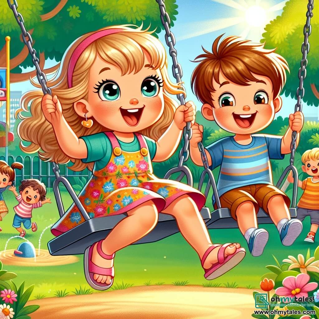 A 4-year-old girl named Lily, with big bright eyes and curly blonde hair, joyfully smiles as she pushes a swing in a sunny park. She wears a colorful flower dress and pink sandals, her face expressing great joy and excitement. Next to her is Sam, a 4-year-old boy with messy brown hair and a blue t-shirt. He laughs as he swings high in the air, arms raised, showing his enthusiasm. The park is filled with greenery, large trees with green leaves, colorful flowers, and a bright blue sky. Other children are seen playing around, some building a sandcastle, others playing with various toys. The main scene shows Lily and Sam playing together on the swings, illustrating friendship and gender equality, both having fun without distinction, surrounded by a group of children joyfully playing together.