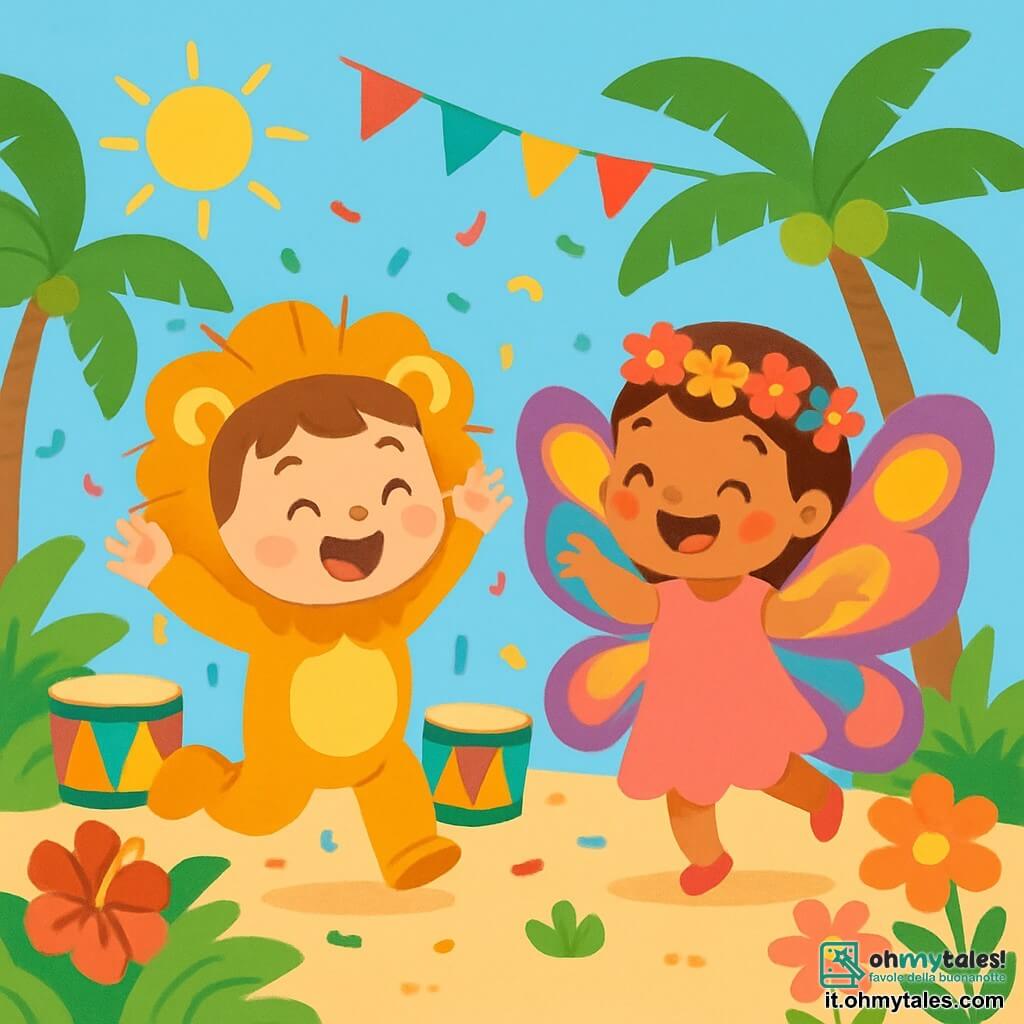 Un bambino di 2 anni, di nome Luca, è vestito da leone con una bella criniera dorata e un grande sorriso sul viso. Danza con entusiasmo, le braccia alzate, circondato da coriandoli colorati che volano intorno a lui. Accanto a lui, la sua migliore amica Lila, una bambina di 3 anni, è vestita da farfalla con ali multicolori e una corona di fiori in testa. Batte le ali con un grande sorriso, pronta a spiccare il volo. Lo scenario è un'isola soleggiata, piena di palme verdi, fiori brillanti e un cielo azzurro chiaro. Tamburi colorati e festoni di carta creano un'atmosfera festiva. La scena mostra Luca e Lila che danzano gioiosamente in mezzo a un carnevale animato, circondati da musica e risate, mentre cercano un uccellino triste che ha perso la sua piuma magica.