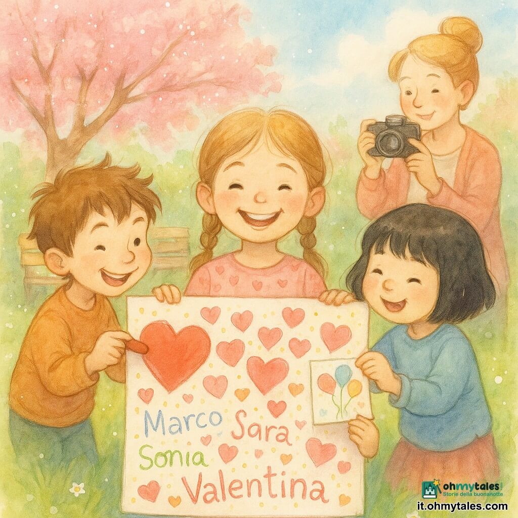 Valentina, 6 anni, radiosa, capelli castano chiaro in due trecce, vestito rosa pallido a cuoricini, tiene un grande cartellone colorato pieno di cuori e nomi; Marco, 6 anni, birichino e sorridente, capelli castani scompigliati, aggiunge un grande cuore rosso a sinistra; Sara, 6 anni, dolce e ridacchiante, capelli neri a caschetto, attacca piccoli palloncini disegnati a destra del cartellone; la maestra Sonia, donna di 30–40 anni, benevola con capelli biondi raccolti in chignon, tiene una macchina fotografica in disparte; nel giardino della scuola in primavera, prato verde, alberi fioriti rosa e cielo azzurro tenue; atmosfera calda e festosa di San Valentino scolastico, palette pastello rosa, rossi e verdi con texture acquerello e delicati riflessi bianchi.