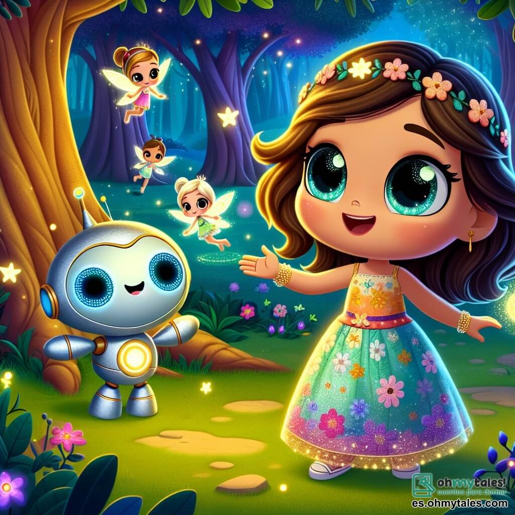 En el centro de la imagen, una niña de 6 años llamada Luna, con largos cabellos ondulados y ojos brillantes de curiosidad, sonríe con entusiasmo. Lleva un vestido colorido adornado con motivos florales y una capa mágica que brilla ligeramente. A su lado, un pequeño robot llamado Tico, de forma redonda con ojos luminosos y brazos articulados, levanta una mano amistosa mientras flota ligeramente sobre el suelo. Al fondo, se ve a Lila, un pequeño hada con alas brillantes de colores del arcoíris, que vuela alegremente alrededor de Luna. Lila tiene cabello dorado y lleva un vestido hecho de pétalos de flores. El escenario es un hermoso claro del bosque encantado, donde árboles majestuosos con troncos gruesos y hojas brillantes forman un marco mágico. Flores luminosas y luciérnagas bailan a su alrededor, creando una atmósfera de cuento de hadas. La escena principal muestra a Luna y Tico conversando con Lila, buscando una solución para reunir a las criaturas mágicas y a los habitantes de la ciudad tecnológica. La expresión de determinación en el rostro de Luna indica que está lista para enfrentar este desafío, mientras que Lila parece llena de esperanza.