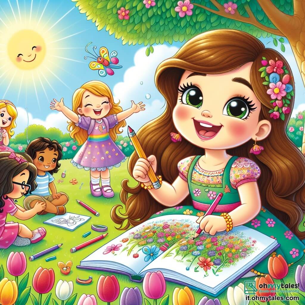 Una ragazza di 8 anni, Sofia, con lunghi capelli castani e occhi scintillanti di gioia, è seduta sull'erba verde di un giardino soleggiato. Indossa un vestito colorato decorato con fiori e sorride ampiamente tenendo una matita e un quaderno da disegno. Accanto a lei, la sua migliore amica Marta, anch'essa di 8 anni, con capelli biondi e occhiali, sta disegnando un campo di fiori, concentrata e felice. Più in là, Luca, un ragazzo di 7 anni con capelli castani, si diverte a fare bolle di sapone che fluttuano nell'aria, mentre Emma, una ragazza di 8 anni con capelli rossi, applaude ridendo. Il giardino è pieno di tulipani colorati, farfalle svolazzanti e un grande albero con fiori rosa, sotto un cielo blu splendente. La scena trasmette un'atmosfera di gioia e amicizia, dove i bambini si divertono a disegnare e giocare, celebrando la bellezza della primavera.