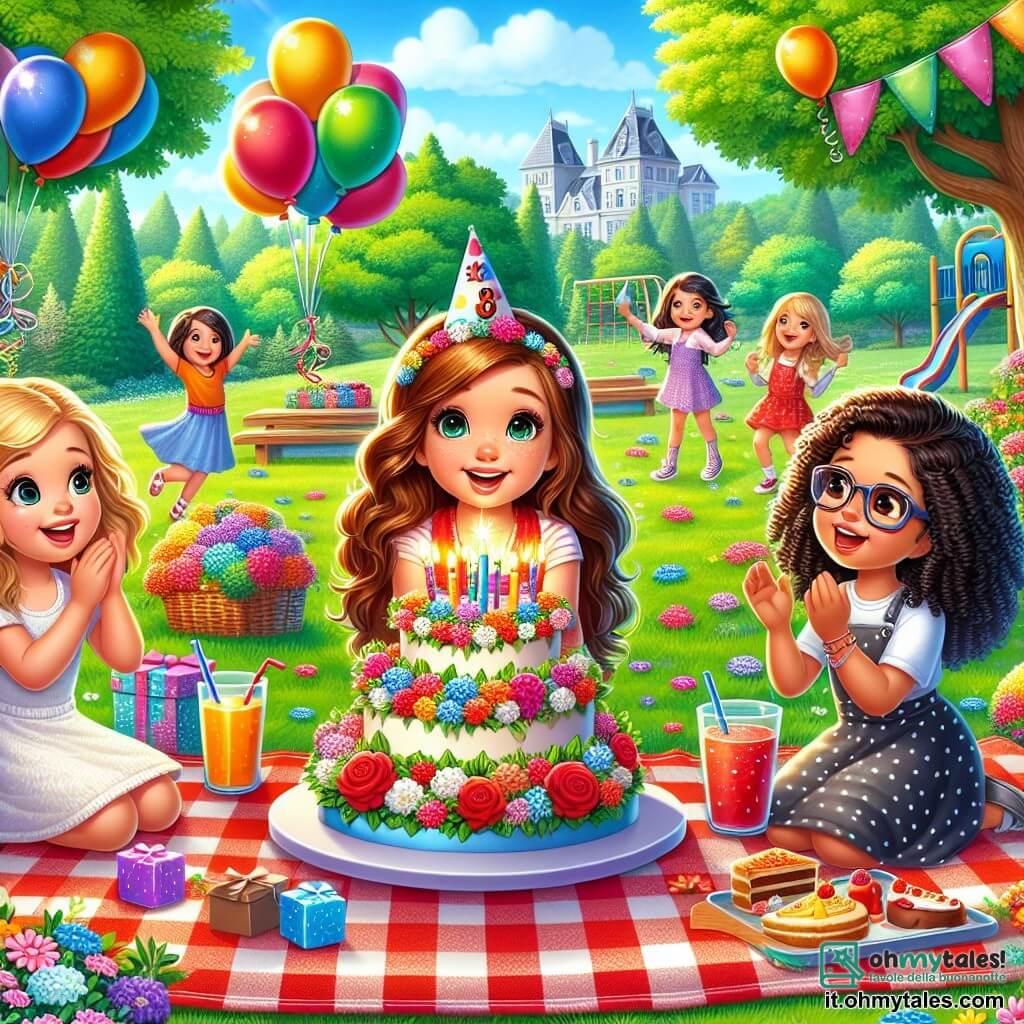 Clara, una ragazza di otto anni con lunghi capelli castani e occhi scintillanti, è al centro dell'immagine, sorridente mentre soffia le candeline su una grande e colorata torta di compleanno. Alla sua destra, Sofia, una ragazza di otto anni con capelli biondi e ricci, applaude con entusiasmo, mentre alla sua sinistra, Giulia, una ragazza di otto anni con capelli neri e occhiali, tiene un bicchiere di succo di frutta in alto per brindare. Il decor è un parco verde, pieno di fiori colorati e alberi maestosi. Una grande tovaglia a quadretti rossi è stesa sull'erba, circondata da palloncini multicolori che fluttuano nell'aria. Sullo sfondo, bambini giocano gioiosamente su un campo giochi, aggiungendo un'atmosfera festosa alla scena. Clara è circondata dalle sue amiche, festeggiando il suo compleanno con risate, giochi e una deliziosa fetta di torta, creando un'atmosfera di gioia e amicizia.