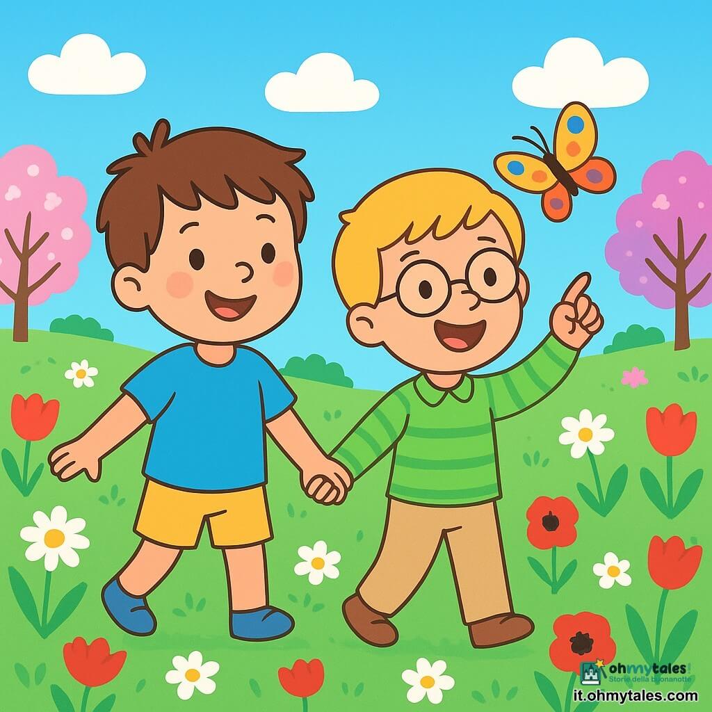 Ci sono due personaggi principali: Leo, un bambino di 5 anni con i capelli castani disordinati, che indossa una maglietta blu e pantaloni corti gialli, e Nico, un bambino di 5 anni con i capelli biondi e occhiali rotondi, vestito con una camicia verde a righe e pantaloni beige. Si trovano in un vasto prato verde costellato di fiori colorati: tulipani rossi, margherite bianche e papaveri vivaci. Il cielo è blu brillante con alcune nuvole bianche soffici. Leo e Nico, mano nella mano, esplorano felici il prato in primavera, affascinati dalla bellezza dei fiori e dal canto degli uccelli, mentre una delicata farfalla dalle ali multicolori danza intorno a loro, aggiungendo un tocco di magia alla loro avventura.