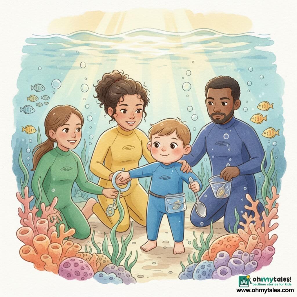 A tender scene in a shallow coral garden: a round-faced 4-year-old boy with light brown hair, wide eyes and a shy smile in a small blue wetsuit gently frees a marine plant from a plastic ring while dropping an old shiny spoon into a nearby dry bag; behind him, Marina, about 30, curly tied hair and a warm face in a yellow wetsuit kneels in the water, calmly guiding his hand, the mother (30–35) with long tied hair in a green suit smiles and holds the boy’s hand at the water’s edge to the left, and the father (30–35) with light beard in a dark suit stands to the right holding the bag with the spoon visible; colorful ear- and cushion-shaped corals, waving green seagrass, small silver and yellow fish, golden sunbeams and delicate bubbles create a safe, gentle atmosphere in a pastel watercolor palette with soft contrasts and white highlights on the water.