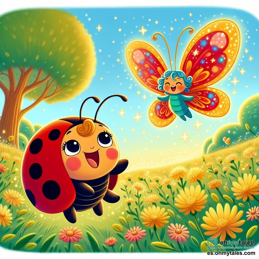 Una pequeña mariquita llamada Lila, con un cuerpo rojo brillante salpicado de manchas negras, expresa una gran alegría y determinación mientras vuela sobre un campo de flores doradas, con sus alas translúcidas brillando bajo el sol. A su lado, una mariposa colorida llamada Tania, con alas de patrones vibrantes en azul y naranja, sonríe y la anima, flotando graciosamente en el aire. Al fondo, un majestuoso árbol se erige, con sus ramas cargadas de hojas verdes, mientras un pequeño arroyo brilla a la luz del sol, añadiendo un toque de magia al paisaje. La escena muestra a Lila y Tania a punto de descubrir un campo de flores doradas que brillan como estrellas, simbolizando la aventura y la amistad.