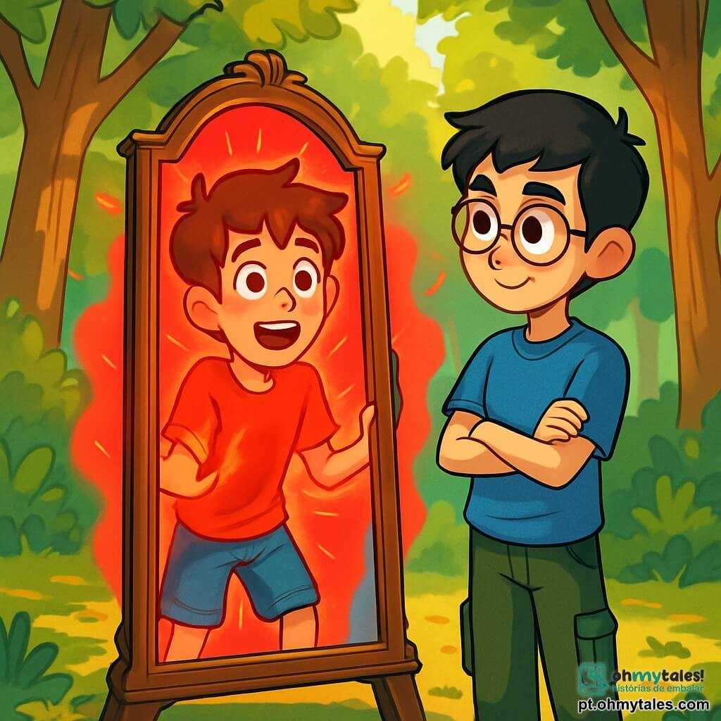 Um garoto de 12 anos, chamado João, com cabelos castanhos bagunçados e olhos brilhantes de curiosidade, está em frente a um grande espelho antigo, com uma expressão de surpresa e admiração. Ele usa uma camiseta vermelha e um short de jeans, com as mãos apoiadas na moldura do espelho, enquanto uma aura vermelha brilhante parece emanar dele, simbolizando sua descoberta das emoções. Ao seu lado, seu melhor amigo Miguel, também de 12 anos, com cabelos negros e óculos redondos, observa atentamente o espelho. Ele veste uma camiseta azul e uma calça cargo, com os braços cruzados, exibindo uma expressão de intriga e encorajamento. A cena acontece em uma floresta verdejante, com árvores majestosas e raios de sol filtrando pelas folhas, criando uma atmosfera mágica. O chão está coberto de folhas douradas e pequenas flores coloridas, adicionando vida ao ambiente. João descobre o espelho misterioso, fascinado por seu reflexo e pela luz vermelha ao seu redor, enquanto Miguel o incentiva a explorar essa nova aventura emocional.