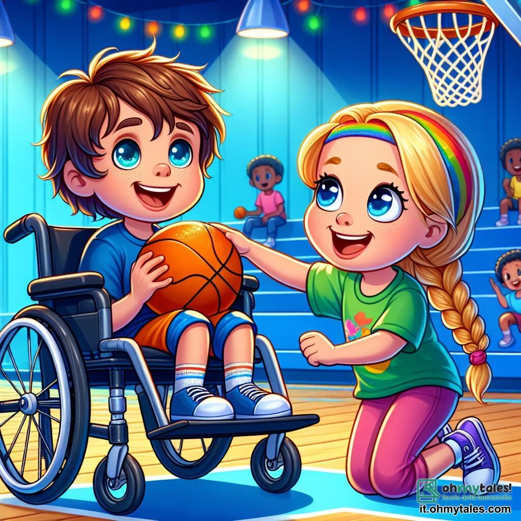 Un ragazzo di 8 anni, Mattia, con capelli castani arruffati e un grande sorriso gioioso, è seduto su una sedia a rotelle, tenendo un pallone da basket. I suoi occhi brillano di eccitazione e determinazione. Accanto a lui, una ragazza di 10 anni, Sara, con capelli biondi intrecciati e una maglietta colorata, lo incoraggia con un sorriso caloroso, mostrando come tirare a canestro. Sullo sfondo, un palazzetto luminoso con pareti dipinte di blu e canestri appesi, pieno di decorazioni colorate per una giornata speciale. La scena mostra Mattia che cerca di segnare un canestro, mentre Sara applaude con entusiasmo, creando un'atmosfera di amicizia e supporto.
