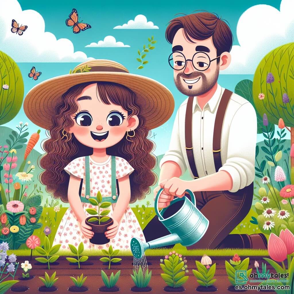 Una niña de 12 años, Lucía, con cabello castaño y rizado, sonríe mientras planta semillas en un pequeño jardín colorido. Lleva una blusa ligera con flores y un sombrero de paja, y sus ojos brillan de emoción y curiosidad. A su lado, su padre, un hombre de unos 40 años con barba castaña y gafas, la ayuda sosteniendo un regadera. Sonríe orgulloso, animando a su hija. El jardín está lleno de flores brillantes, verduras verdes y mariposas volando, bajo un cielo azul claro con nubes blancas esponjosas. La escena representa el momento en que Lucía y su padre plantan semillas juntos para celebrar la llegada de la primavera, simbolizando el renacimiento y la alegría de la naturaleza.