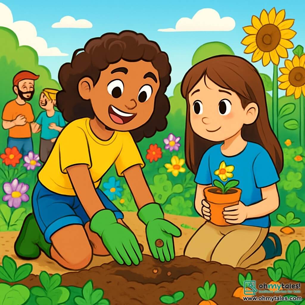 A 12-year-old girl, Tessa, with curly brown hair, smiling and full of energy, stands in the center of a community garden. She wears a bright yellow t-shirt and denim shorts, with green gardening gloves. She is planting seeds in the soil, her face radiating determination and joy. Next to her, Mia, another 12-year-old girl with straight brown hair and a shy yet amazed expression, watches Tessa. She wears a blue t-shirt and beige pants, holding a small flower pot in her hands, ready to help. The garden is lush, filled with colorful flowers, budding vegetables, and tall sunflowers swaying gently in the wind. In the background, smiling volunteers chat and laugh, creating a warm and welcoming atmosphere. The main scene shows Tessa and Mia working together in the garden, symbolizing friendship and mutual support as they plant seeds to nourish their community.