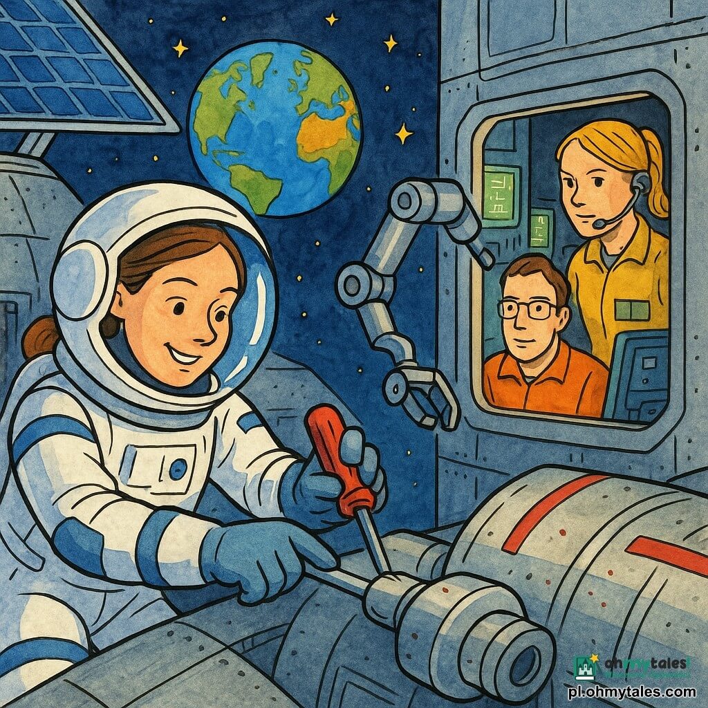 Astronautka, uśmiechnięta i skupiona, okrągła twarz oświetlona wizjerem, brązowe związane włosy, biały skafander z niebieskimi pasami, delikatnie dokręca duży czerwony śrubokręt przy śrubie; spokojna, pewna postawa. Mężczyzna (Aki, ok. 35 lat), inżynier, uważny wyraz twarzy, krótkie włosy i okulary, we wnętrzu za włazem obsługuje srebrne ramię robotyczne podłączone do modułu. Kobieta (Hania, ok. 32 lata), techniczka, poważna i wspierająca, blond kitka, stoi przy kabinie przy zielonej konsoli, mówi przez mikrofon i patrzy na ekrany. Miejsce: zewnętrze metalicznej stacji kosmicznej, ciemnoniebieskie panele słoneczne, szare teksturowane powierzchnie, wizjery odbijają Ziemię i gwiazdy z cieniem atmosfery. Scena: spacer kosmiczny — astronautka dokręca oporną śrubę na srebrnym module z czerwonymi oznaczeniami, ramię robotyczne podtrzymuje element, koledzy prowadzą ją z wnętrza przez ekrany; współpraca i rozwiązane napięcie.