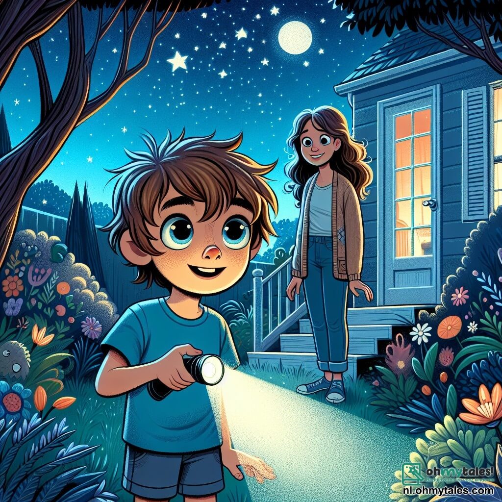 Een 12-jarig jongetje, genaamd Lukas, staat in zijn tuin onder een sterrenhemel, met verwonderde ogen. Hij heeft rommelig bruin haar, een blauwe t-shirt en een korte broek, en hij houdt een kleine zaklamp vast die zijn gezicht met een zachte gloed verlicht. Zijn moeder, een vrouw van ongeveer 35 jaar, staat bij de deur van het huis, glimlachend en zorgzaam, met lang, golvend haar, gekleed in een comfortabele trui en spijkerbroek. Ze kijkt met trots naar Lukas en moedigt hem aan om de magie van de nacht te verkennen. De tuin is gevuld met kleurrijke bloemen en grote bomen, badend in het zilveren licht van de maan, wat dansende schaduwen op het gras creëert. Sterren twinkelen aan de hemel en voegen een vleugje mysterie toe aan de sfeer. Lukas, vol opwinding en nieuwsgierigheid, is klaar om de wonderen van de nacht te ontdekken, met zijn zaklamp die zijn pad verlicht, klaar om zijn angsten onder ogen te zien en het avontuur tegemoet te treden.