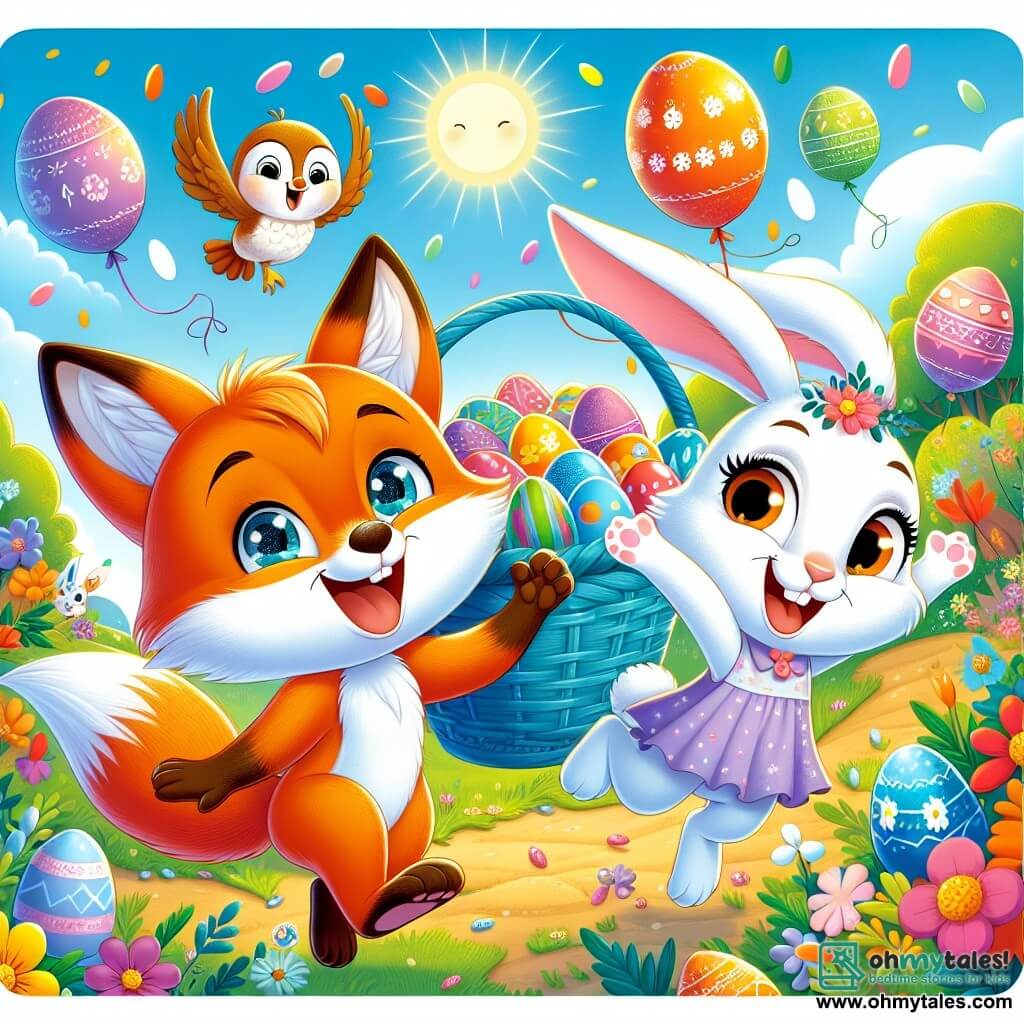 A little fox named Felix, with bright orange fur and sparkling eyes, holds a large blue basket filled with colorful eggs, hopping enthusiastically in a sunny clearing. Next to him, Bella, an adorable white bunny with big ears and a radiant smile, dances excitedly. A wise owl named Oliver, with brown feathers and round eyes, flies overhead, observing contentedly. The clearing is surrounded by lush trees, vibrant flowers, and colorful balloons floating in the air, creating a festive and joyful atmosphere. Felix and Bella celebrate the magic of Easter together, surrounded by shiny eggs and the laughter of animals, ready to enjoy the parade.