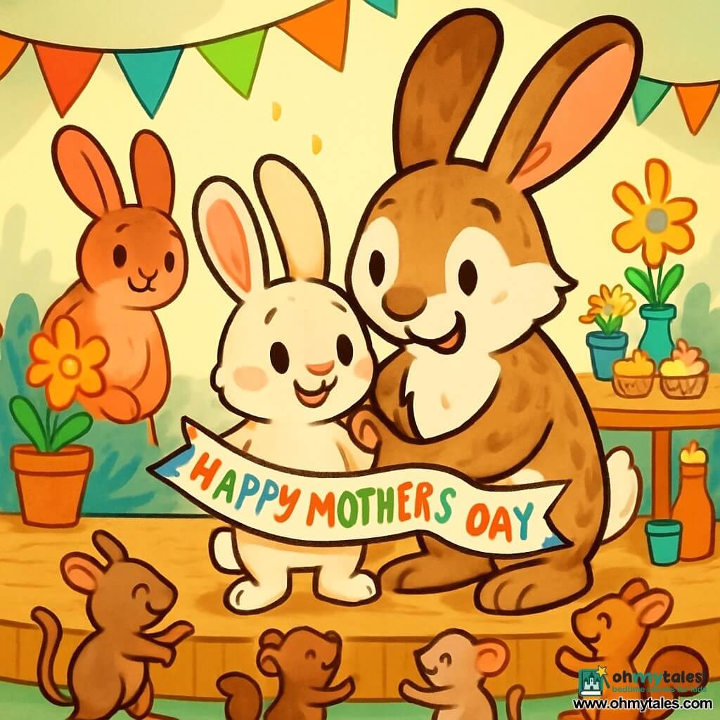 A little rabbit named Pipkin, with soft cream-colored fur, large expressive ears, and bright curious eyes, stands on a wooden stage holding a ribbon decorated with colorful words. He has a shy yet joyful smile, showing his excitement for Mother's Day. Next to him, a tall rabbit with long ears and brown spots, Uncle Dandelion, smiles warmly, his eyes sparkling with pride as he encourages Pipkin with a paw on his shoulder. In the background, a mother rabbit with soft fur and affectionate eyes looks at her little one with tenderness, her ears slightly tilted, full of emotion. The scene takes place in a bright party hall adorned with colorful garlands and potted flowers, with tables decorated with small cakes and sparkling drinks. Forest animals, like mice and squirrels, dance joyfully around, adding to the festive atmosphere. Nervous but determined, Pipkin is about to share his sweet words for his mom, while excitement and love fill the air, creating a warm and joyful ambiance.