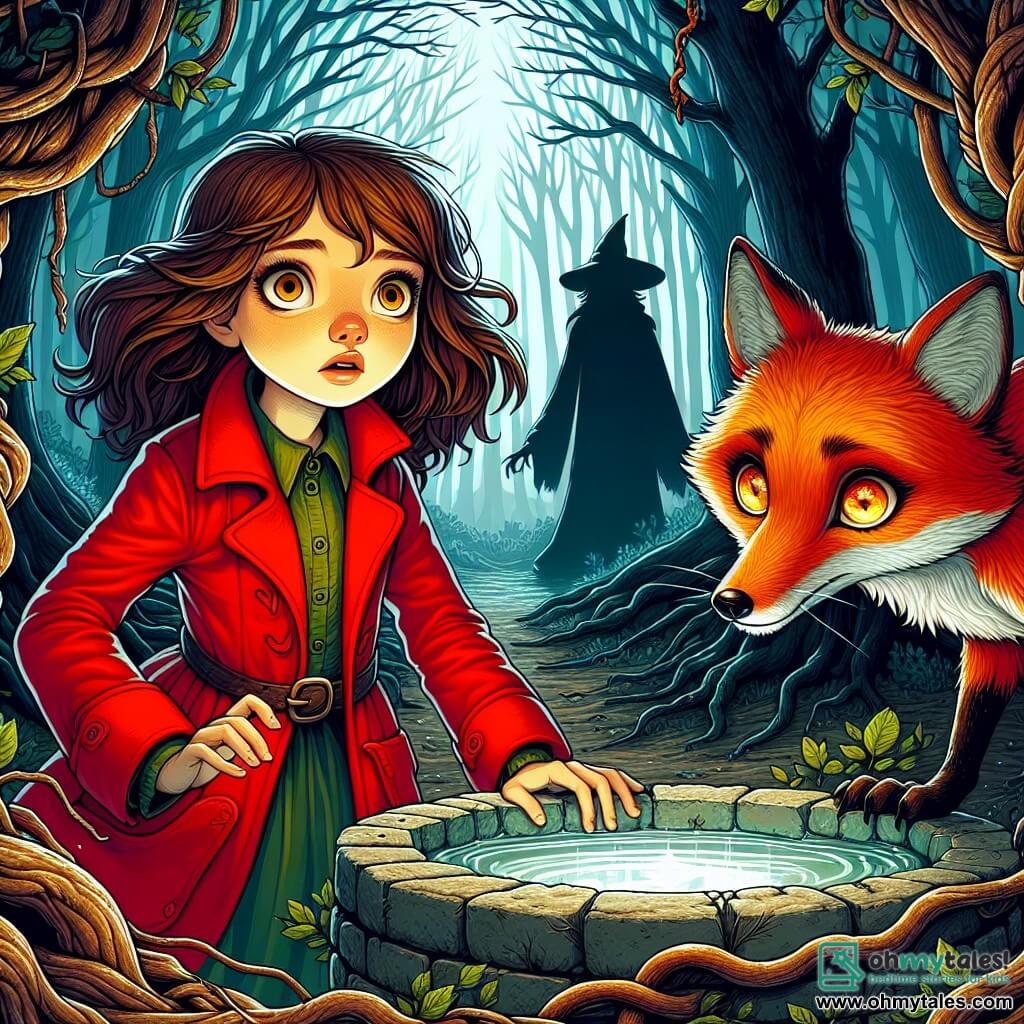 A 12-year-old girl with messy long brown hair and sparkling curious eyes stands at the edge of an old stone well, her face marked by a mix of determination and slight fear. She wears a bright red coat that contrasts with the surrounding darkness. Beside her, a fox with bright, mysterious eyes and fiery red fur seems to encourage her to move forward, its attentive posture and piercing gaze fixed on the well. The setting is a dense forest shrouded in light mist, where twisted tree trunks rise like threatening shadows. Gnarled roots emerge from the ground, and leaves fall gently, creating a magical yet unsettling atmosphere. The main scene shows the girl raising a trembling hand toward an ancient mirror emitting a silvery glow, while a dark, blurry silhouette representing the witch looms in the fog, ready to challenge her courage.
