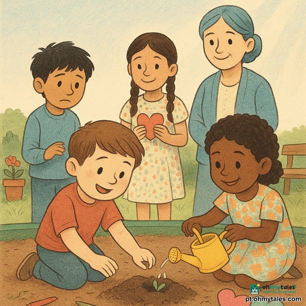 Um menino de 8 anos, rosto redondo, cabelo castanho curto, bochechas rosadas, alegre e concentrado, ajoelhado, colocando delicadamente uma pequena semente imaginária num montículo de terra escura; à esquerda, ao fundo, João, ~8 anos, cabelo preto despenteado, tímido e aliviado, mãos um pouco sujas, observa com admiração; à direita, Sofia, ~8 anos, tranças e vestido florido, sorri segurando um desenho em forma de coração próximo à plantinha; à frente, Bia, ~8 anos, cabelos encaracolados e bata colorida, rega a terra com um regador amarelo; atrás, Dona Lúcia, professora de 35–45 anos, cabelos grisalhos presos, olhar benevolente, mãos juntas observando. Cena num pequeno jardim da escola pela manhã: solo úmido, borda de madeira verde, grama, vaso de terracota, banco, folhas e lápis de cor espalhados, céu azul pálido com raios suaves. Ação simbólica: plantio de uma "semente da amizade", bilhetes coloridos em forma de coração ao lado, atmosfera calorosa e otimista. Estilo: traços suaves, cores pastel levemente desbotadas, textura de papel granulada e sombras discretas, composição centrada na criança que planta.