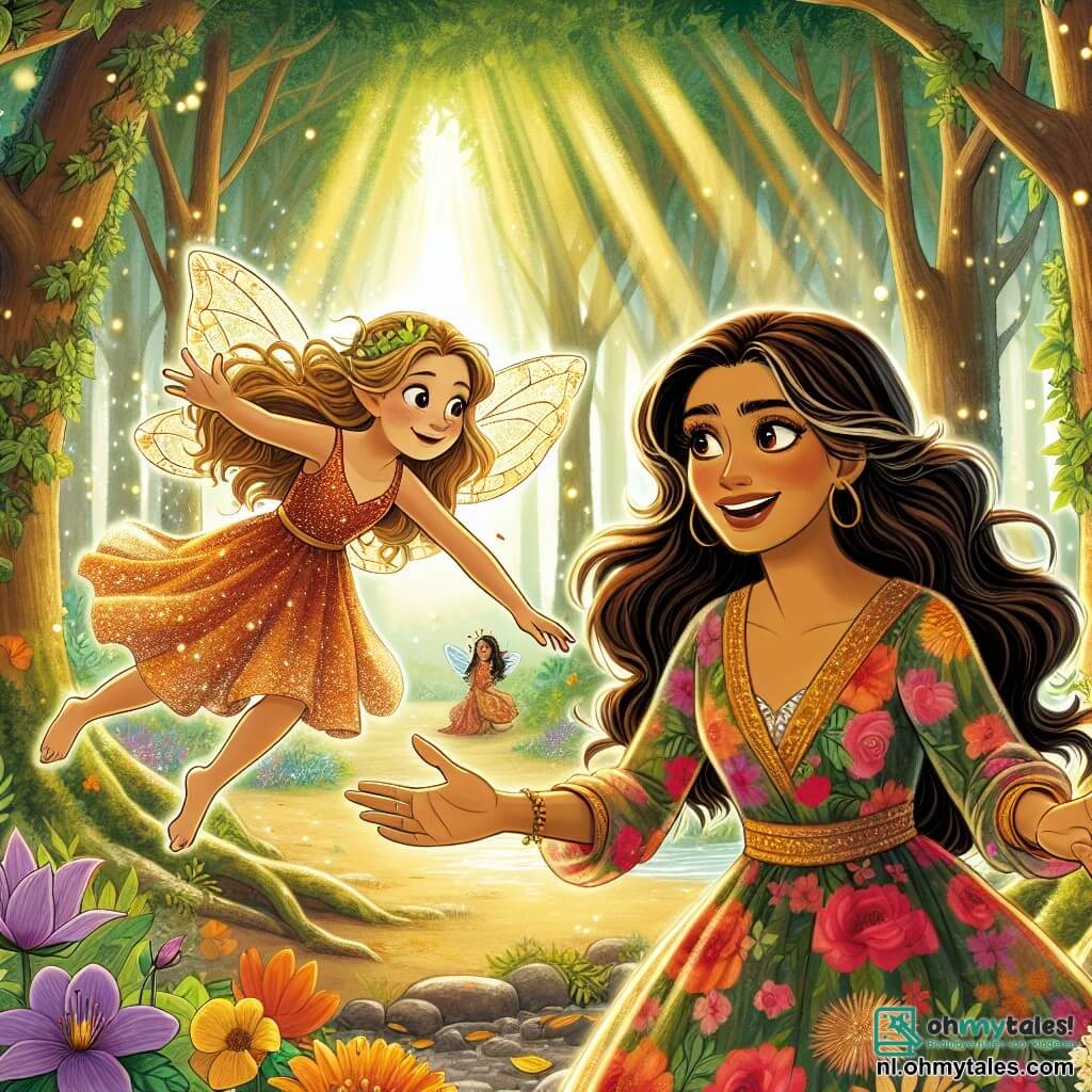 Een vrouw van ongeveer dertig jaar, genaamd Lila, staat in het midden van het podium, met lange golvende bruin haar en een warme glimlach op haar gezicht. Ze draagt een kleurrijke jurk versierd met bloemen, en haar ogen stralen van opwinding en vastberadenheid terwijl ze haar hand uitsteekt naar een kleine fee. De fee, genaamd Faye, is een delicate creatie van ongeveer 10 jaar, met glinsterende vleugels en gouden haren die om haar heen zweven. Ze vliegt vrolijk naast Lila, met sprankelende ogen vol dankbaarheid en hoop. De achtergrond is een betoverd bos, vol majestueuze bomen met dikke stammen en heldere bloemen in levendige kleuren. Zonne-stralen filteren door het loof, en verlichten de grond bezaaid met gouden bladeren en magische glinsteringen. De belangrijkste situatie toont Lila en Faye die een heks confronteren in het hart van een oud kasteel, met stenen muren bedekt met klimop. De heks, met een strenge blik, houdt een glanzende kristal in haar hand, terwijl Lila, vol moed, haar vraagt om het terug te geven. De sfeer is gespannen maar vol hoop, met een vleugje magie in de lucht.