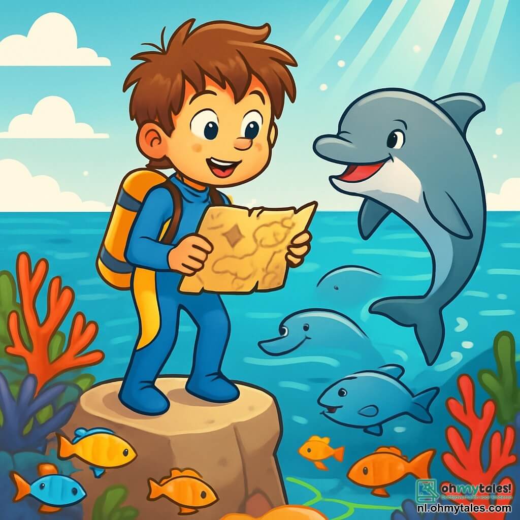 Een 10-jarig jongen, Finn, met rommelig kastanjebruin haar en nieuwsgierige sprankelende ogen, staat op een rots aan de waterkant, gekleed in een blauwe en gele duikpak. Zijn gezicht straalt opwinding en verwondering uit terwijl hij naar een oude zeekaart kijkt, met de glinsterende zee achter zich. Dichtbij zwemt een vriendelijke dolfijn met glanzende grijze huid en een blije glimlach aan de oppervlakte, alsof hij Finn wil helpen in zijn zoektocht. De omgeving is een levendig onderwaterlandschap, gevuld met kleurrijke koralen, veelkleurige vissen en zonnestralen die door het heldere water filteren, waardoor lichtpatronen op het zand ontstaan. De hoofdscène toont Finn, met een vastberaden blik, klaar om in het water te duiken om de aanwijzingen op de kaart te volgen, terwijl de dolfijn lijkt aan te moedigen om de mysteries van de oceaan te verkennen.