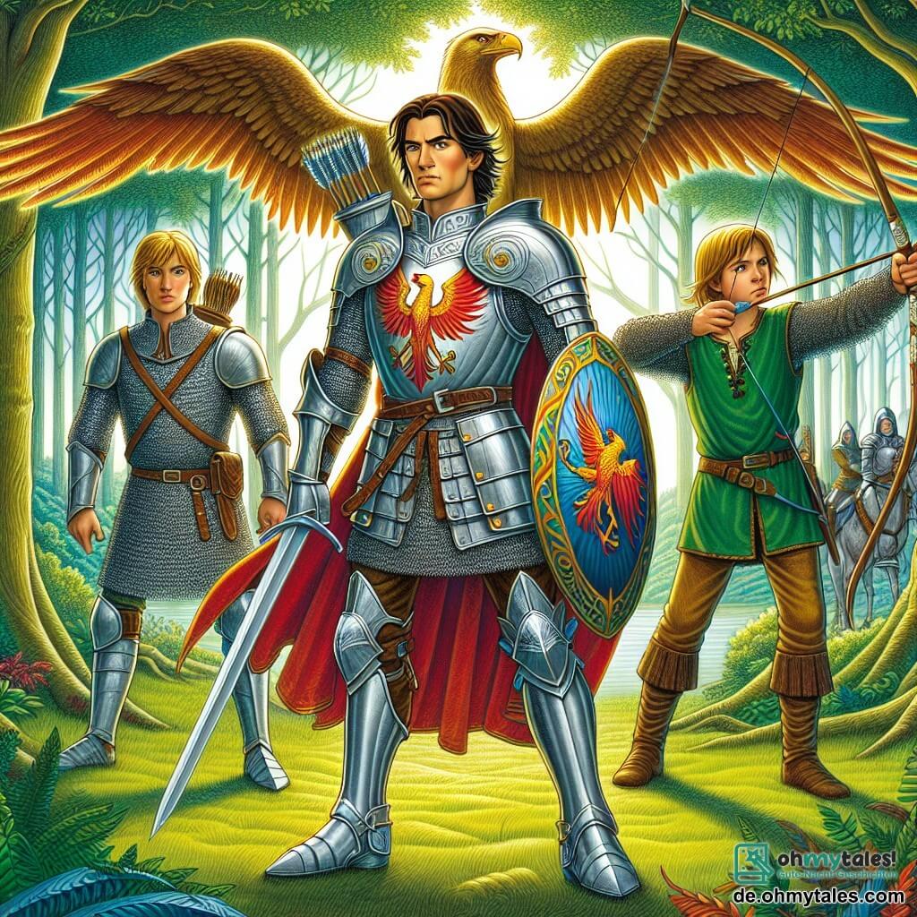 Ein mutiger Ritter, Sir Leonhard, steht im Mittelpunkt des Bildes, gekleidet in eine glänzende Rüstung aus Stahl, verziert mit einem majestätischen Adler. Sein Gesicht ist entschlossen, mit durchdringenden Augen und einem Ausdruck von Tapferkeit, während er sein Schwert selbstbewusst schwingt, bereit, sein Dorf zu verteidigen. An seiner rechten Seite zieht Alaric, ein 15-jähriger Junge, agil und lebhaft, einen Pfeil mit seinem Bogen, seine blonden Haare wehen im Wind. Er trägt eine Ledertunika und hat einen konzentrierten Blick, bereit, seinem Freund zu helfen. Links steht Elara, eine furchtlose Kriegerin von etwa 20 Jahren, mit erhobenem Schwert, ihre langen braunen Haare zu einem Zopf gebunden. Ihr Gesichtsausdruck ist voller Entschlossenheit, und sie bereitet sich darauf vor, an der Seite von Leonhard zu kämpfen. Die Szene spielt in einem dichten Wald mit großen, robusten Bäumen und lebhaft grünen Blättern, während das Sonnenlicht durch die Äste filtert und ein Spiel von Schatten und Licht auf den Boden wirft. Die Hauptsituation zeigt Sir Leonhard und seine Freunde, die sich darauf vorbereiten, Lord Drakon und seine gefürchtete Armee zu konfrontieren, mit einer spürbaren Spannung und einem Gefühl von Kameradschaft und Tapferkeit in der Luft.